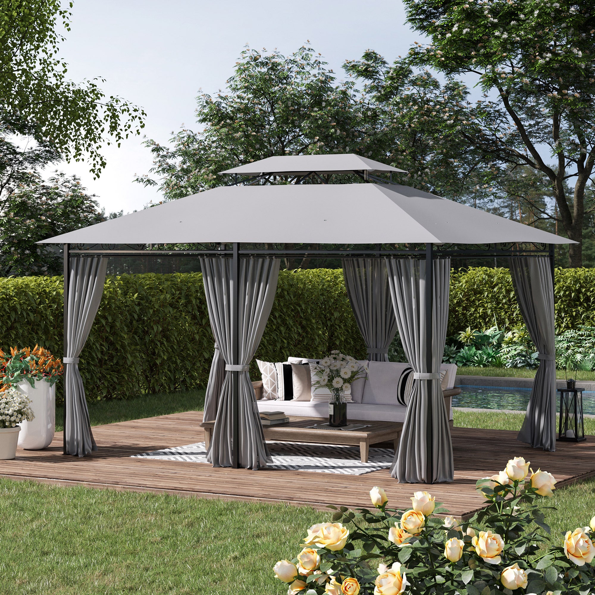 4m x 3(m) Metal Gazebo Canopy Party Tent Garden Pavillion Patio Shelter Pavilion with Curtains Sidewalls, Dark Grey