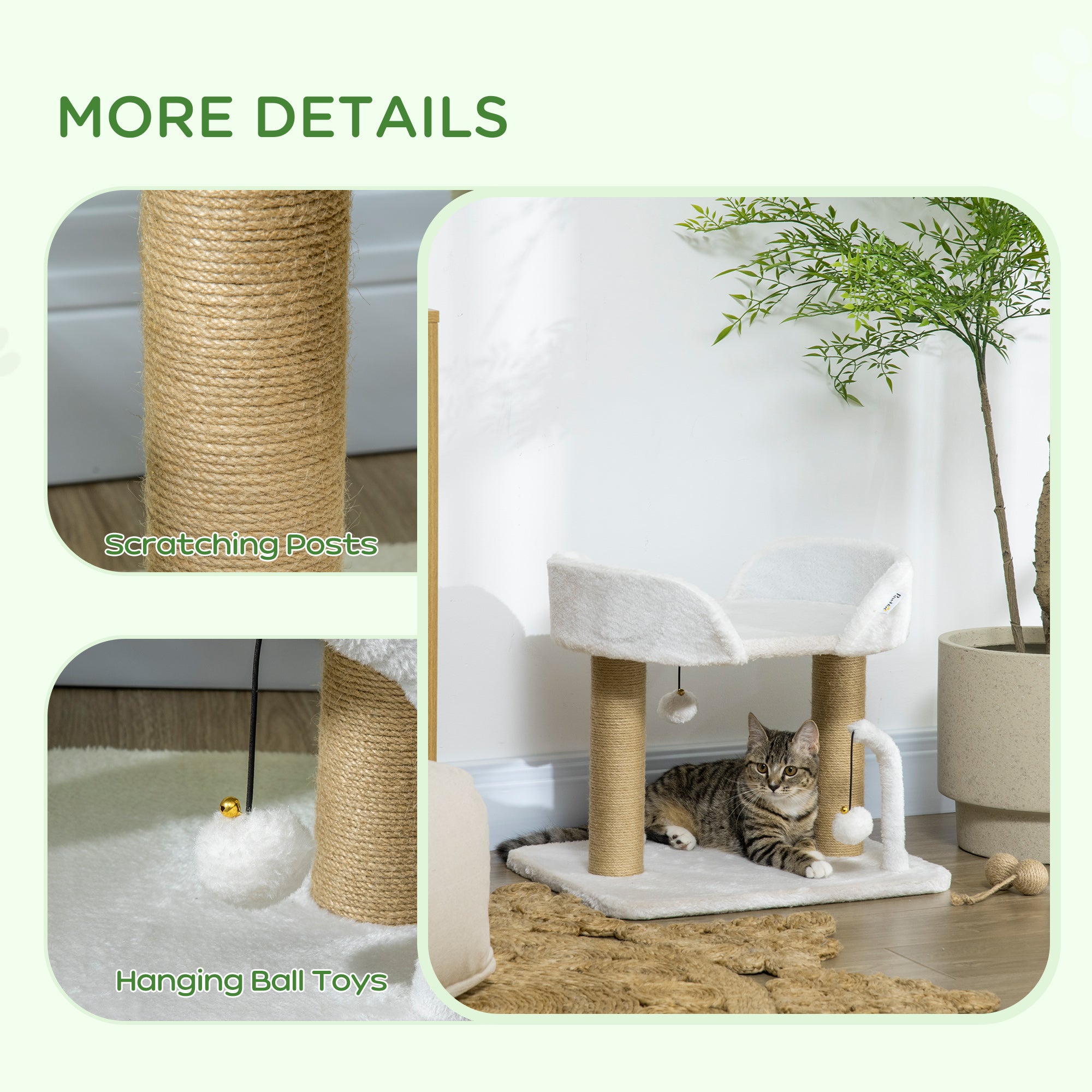 42cm Indoor Cat Tree, Small Cat Tree with Sisal Scratching Post Kitten Bed with Toy Balls, Climbing Tower Bedding, White