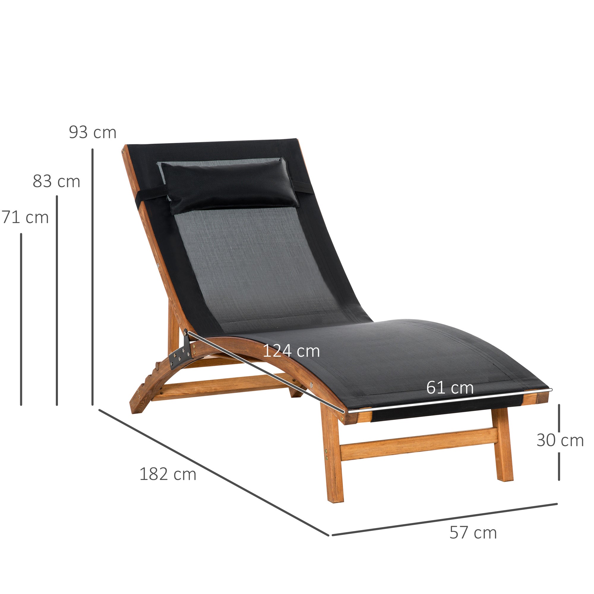 Ergonomic Wooden Patio Lounge Chair with Adjustable Back and Removable Pillow Black