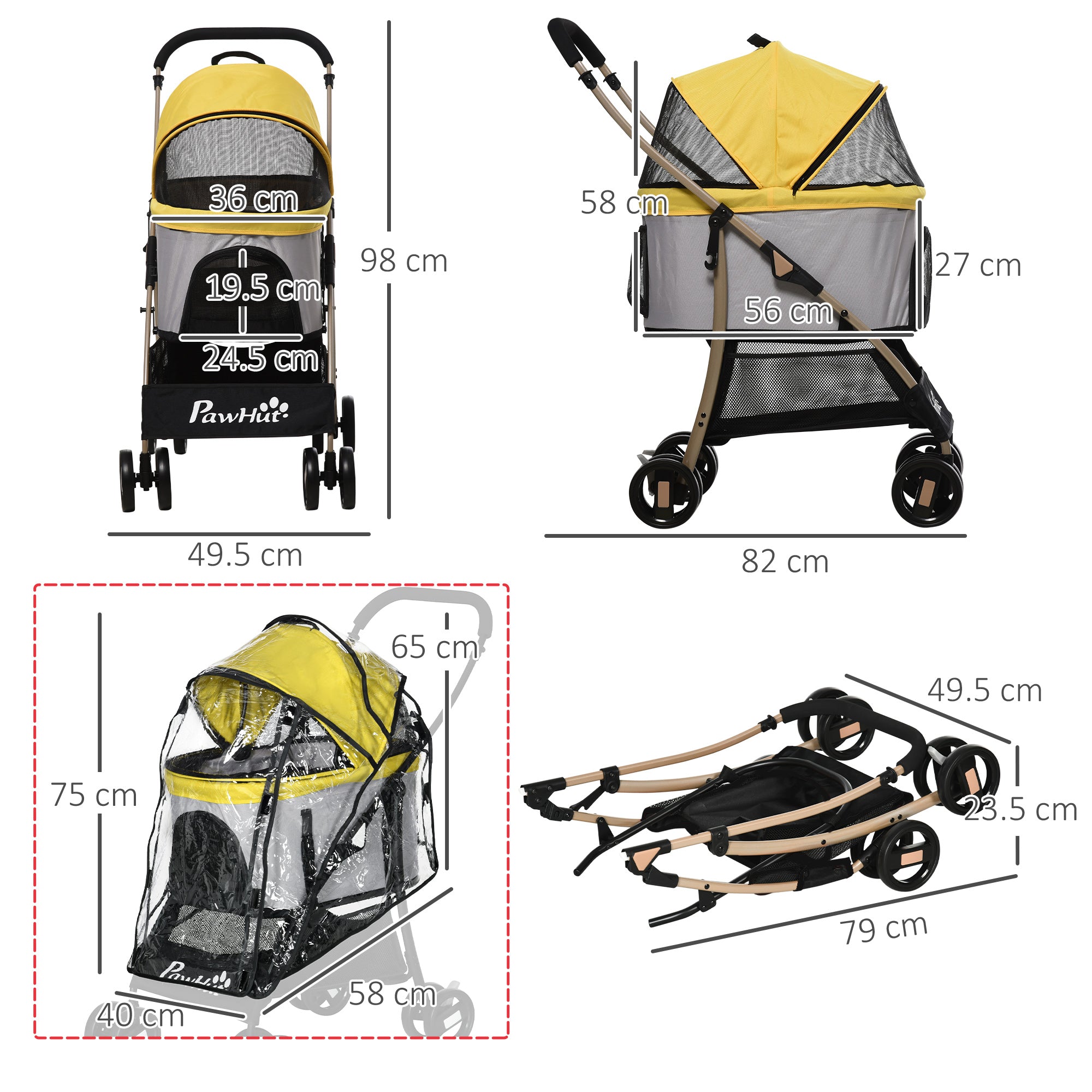 Detachable Pet Stroller with Rain Cover, 3 In 1 Cat Dog Pushchair, Foldable Carrying Bag w/ Universal Wheels, Brake, Canopy, Basket