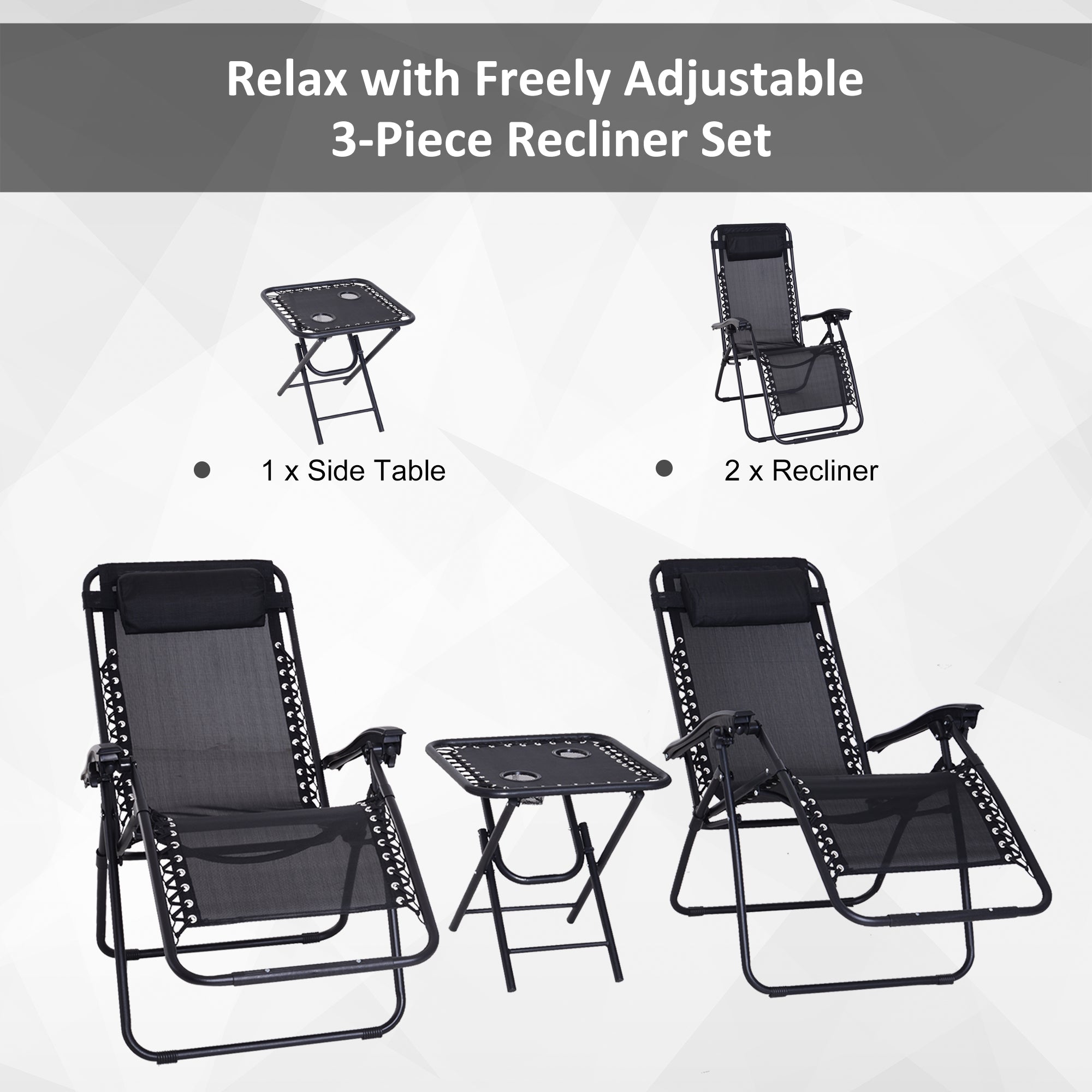 3pcs Folding Zero Gravity Chairs Sun Lounger Table Set w/ Cup Holders Reclining Garden Yard Pool, Black