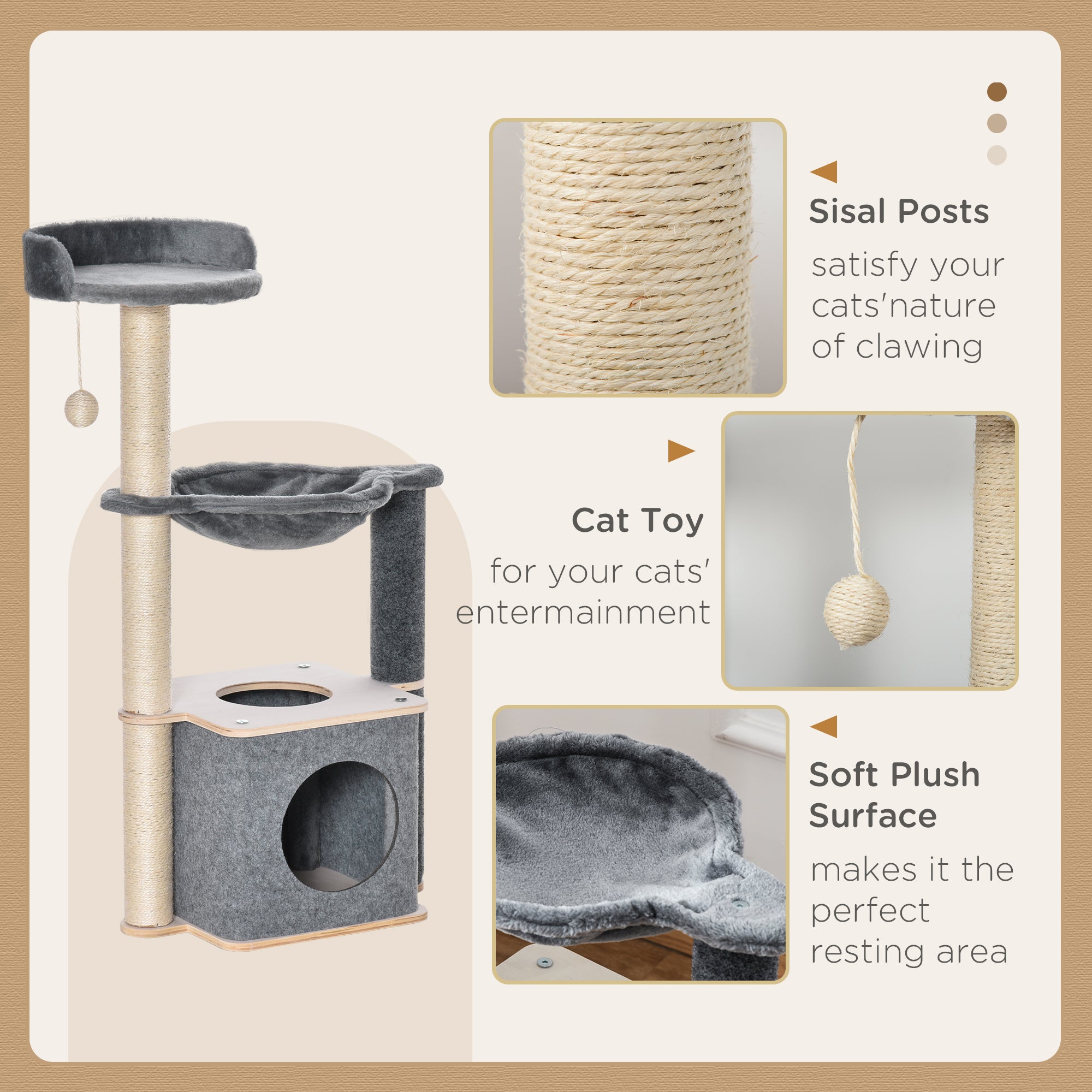 Cat Tree Cat Tower 95cm Climbing Kitten Activity Center with Sisal Scratching Post Perch Roomy Condo Hammock, Grey