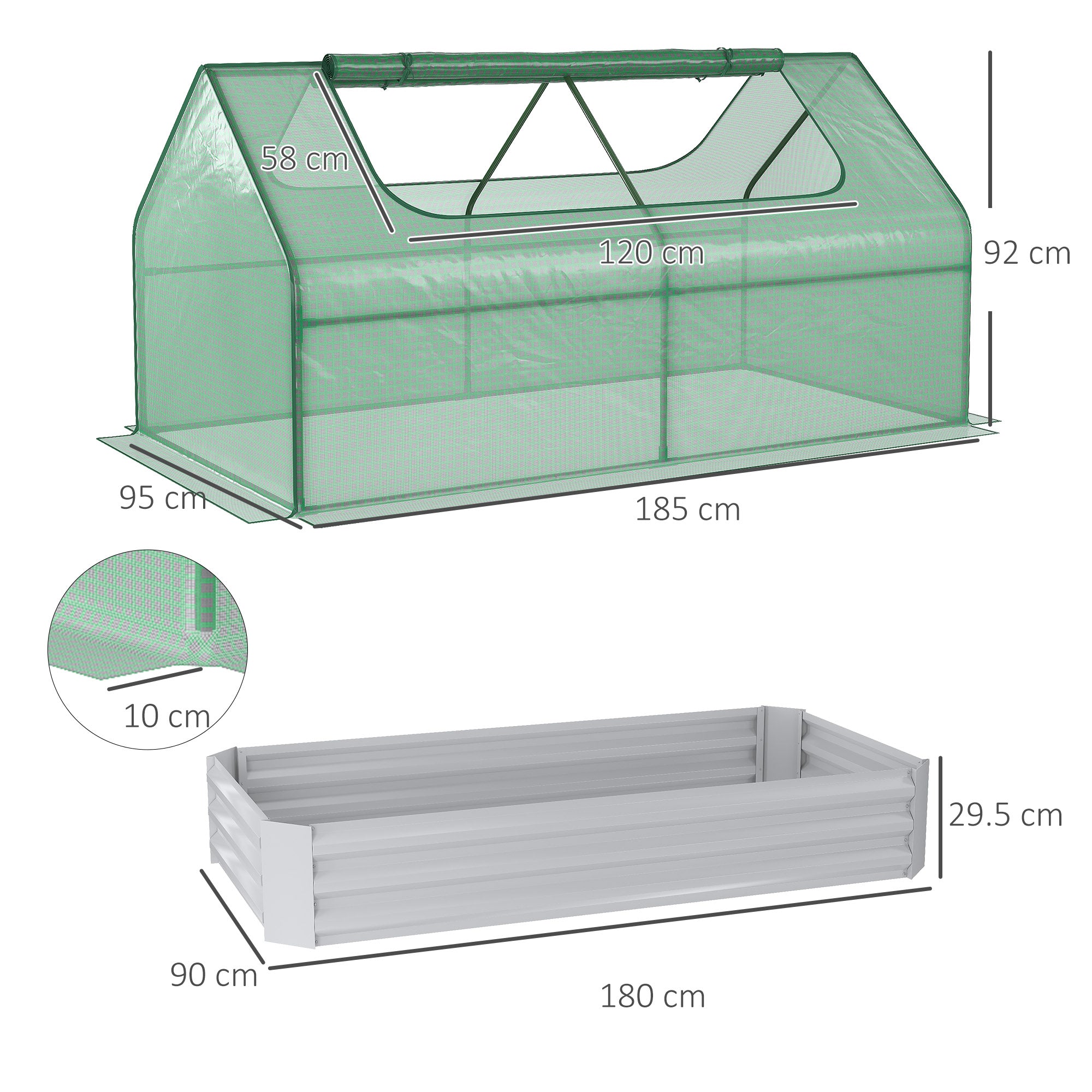 Raised Garden Bed w/ Greenhouse, Steel Planter Box w/ Plastic Cover, Roll Up Window, Dual Use for Flowers, Herbs, 185L x 95W x 92H cm, Green