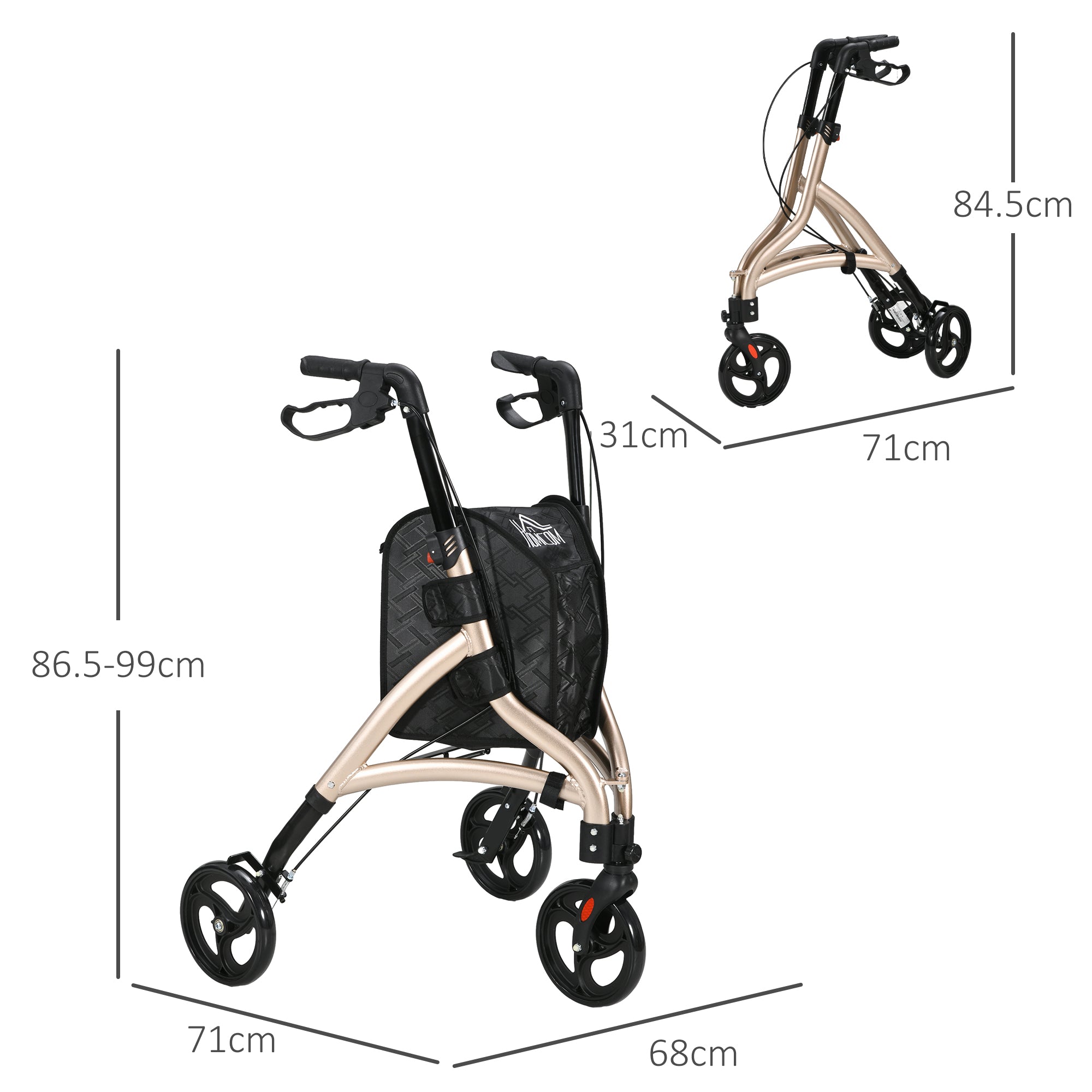 3 Wheel Rollator, Lightweight Aluminium Tri Walker with Adjustable Handle, Storage Bag and Dual Brakes, Folding Mobility Walking Aid