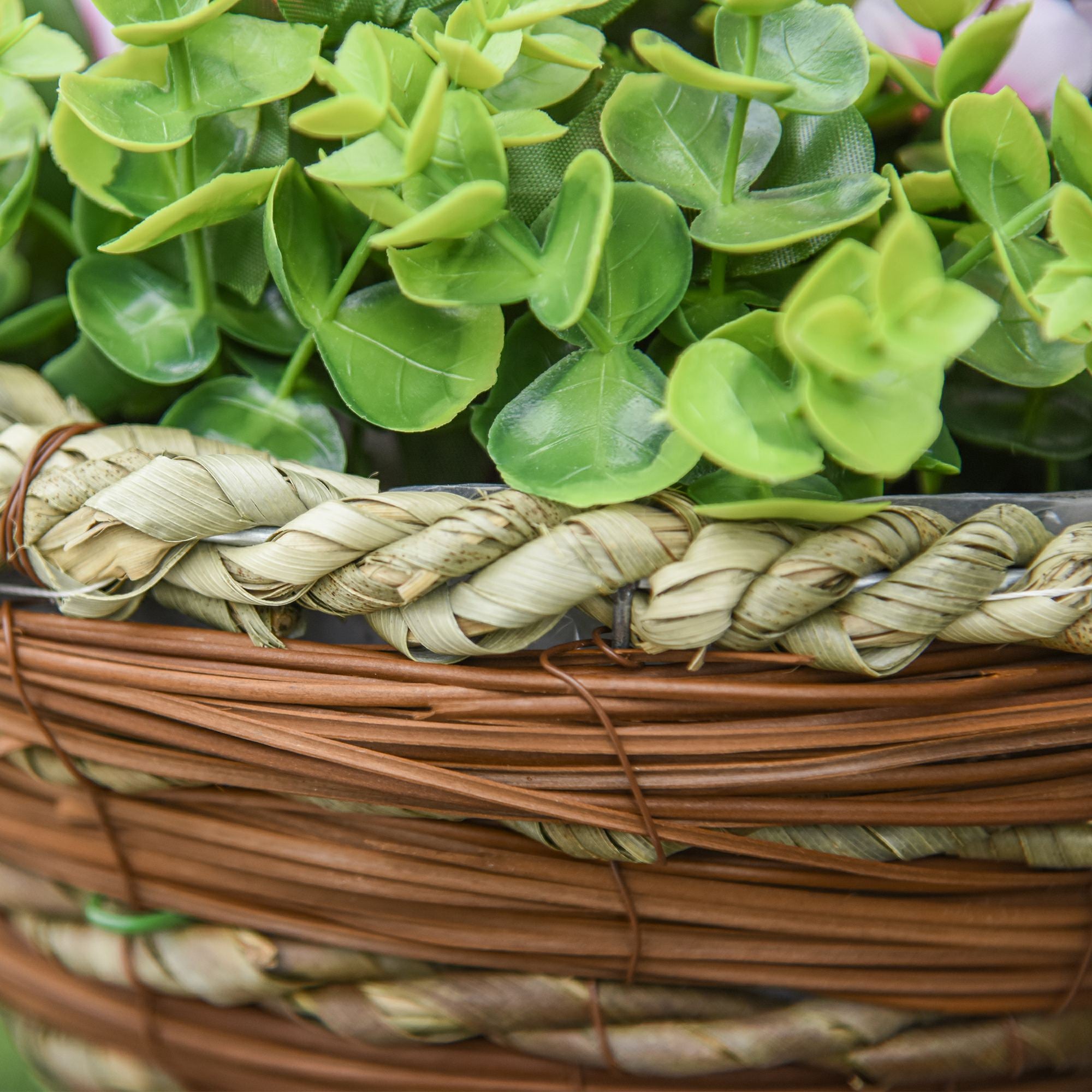 Set of 2 Artificial Plant Lisianthus Flowers Hanging Planter with Basket for Indoor Outdoor Decoration