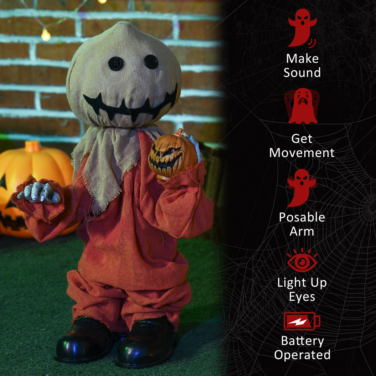 80cm Halloween Scarecrow Decoration with Light-Up Eyes and Sound Activation - Multi-Coloured
