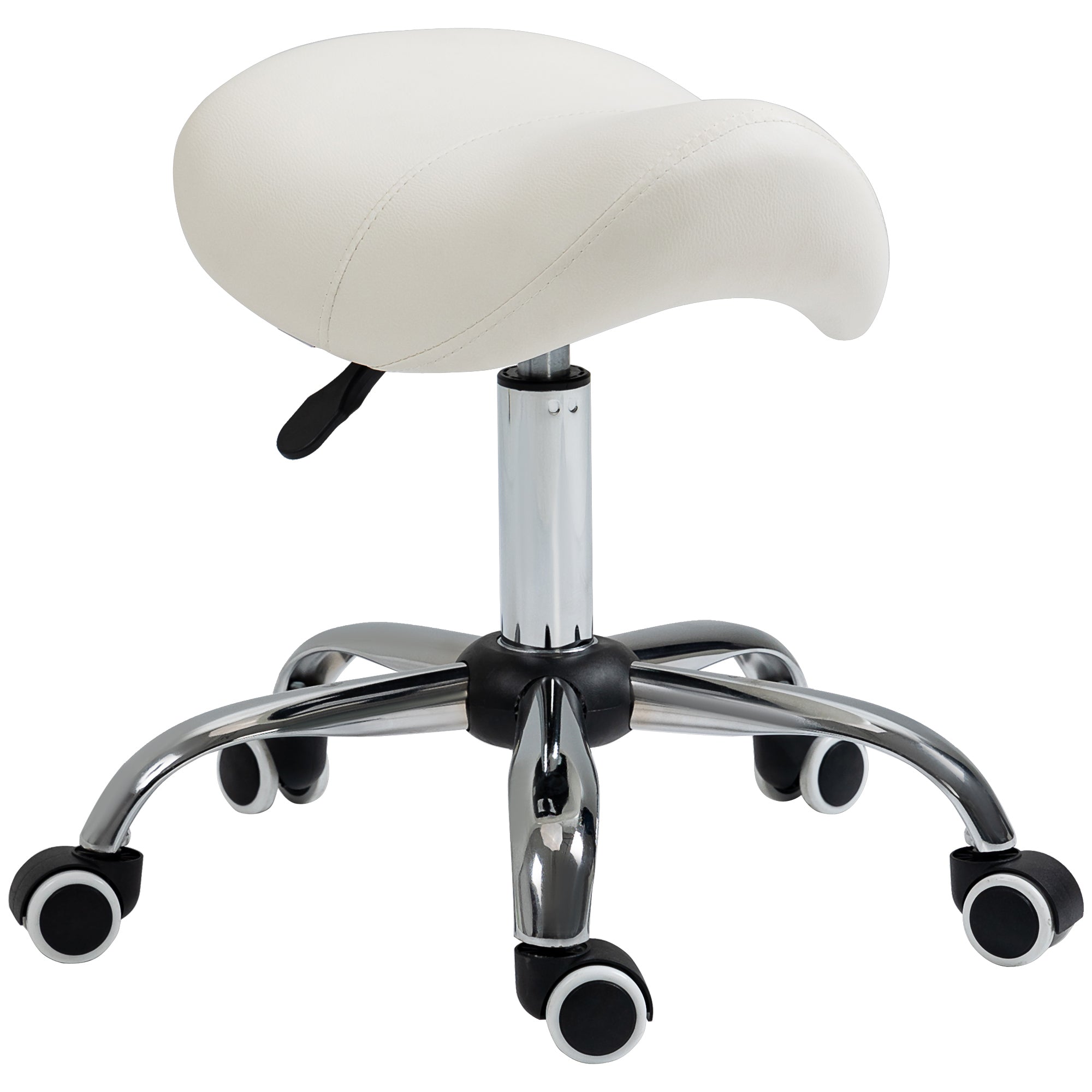 Cosmetic Stool 360° Rotate Height Adjustable Salon Massage Spa Chair Hydraulic Rolling Faux Leather Saddle Stool, Cream