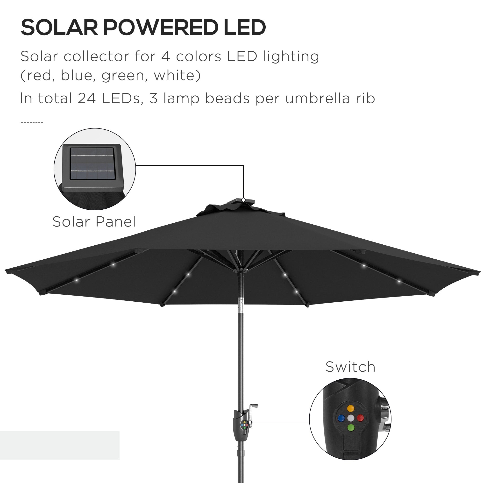 2.7m Garden Parasol Solar Outdoor Tilt Sun Umbrella Patio Sun Shade w/ 24 LED Light, Hand Crank and 8 Ribs, Black