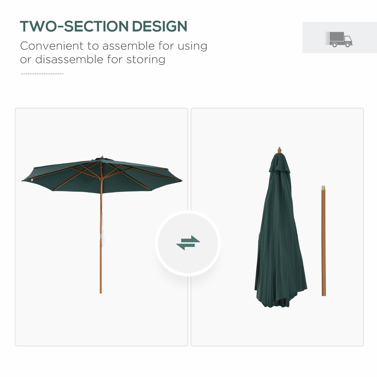 3 Metre Wooden Patio Umbrella with Pulley and Tilt Mechanism - Dark Green