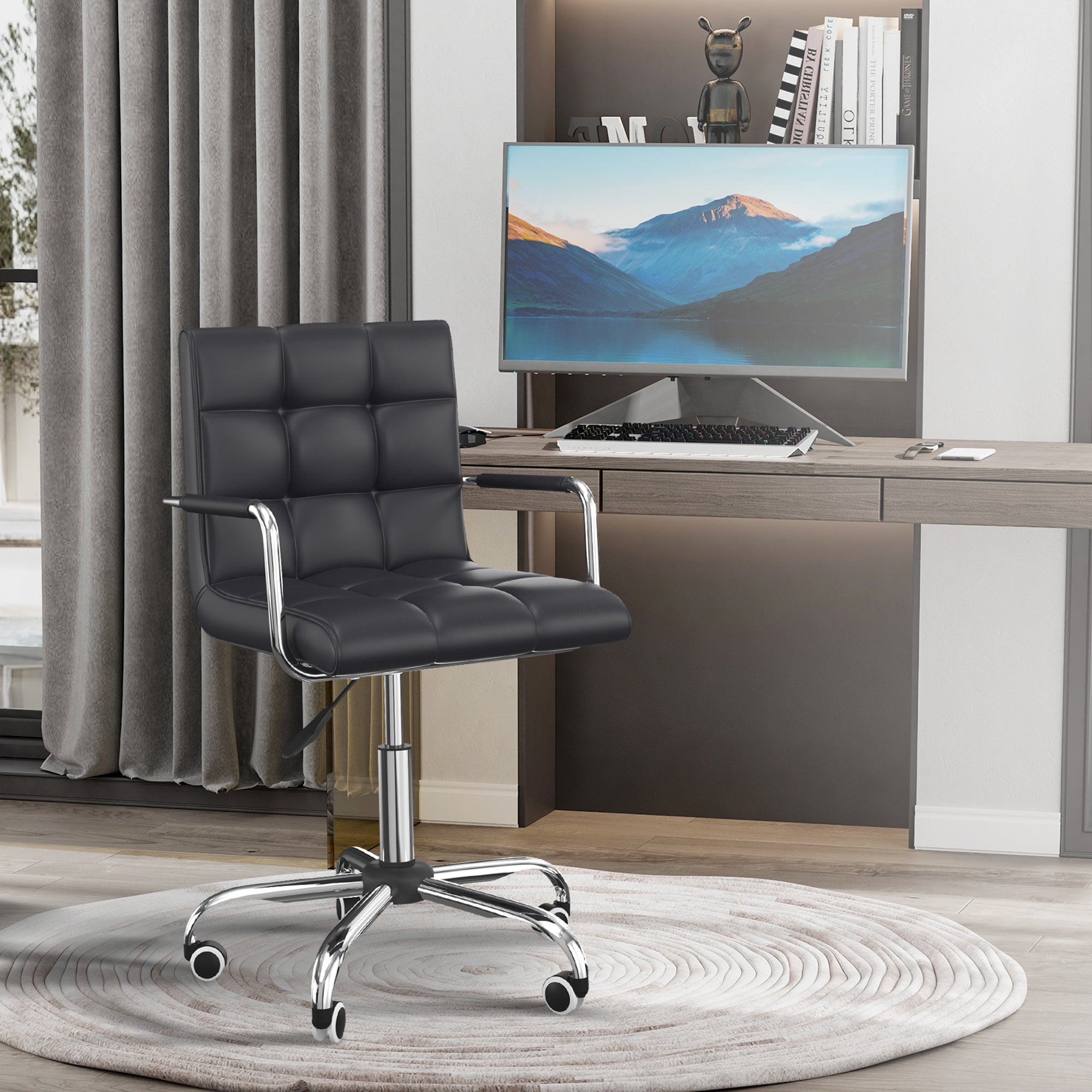 Mid Back PU Leather Home Office Desk Chair Swivel Computer Chair with Arm, Wheels, Adjustable Height, Black