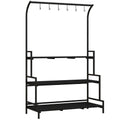 3 Tier Steel Plant Rack with Wooden Shelves and Hooks - Black