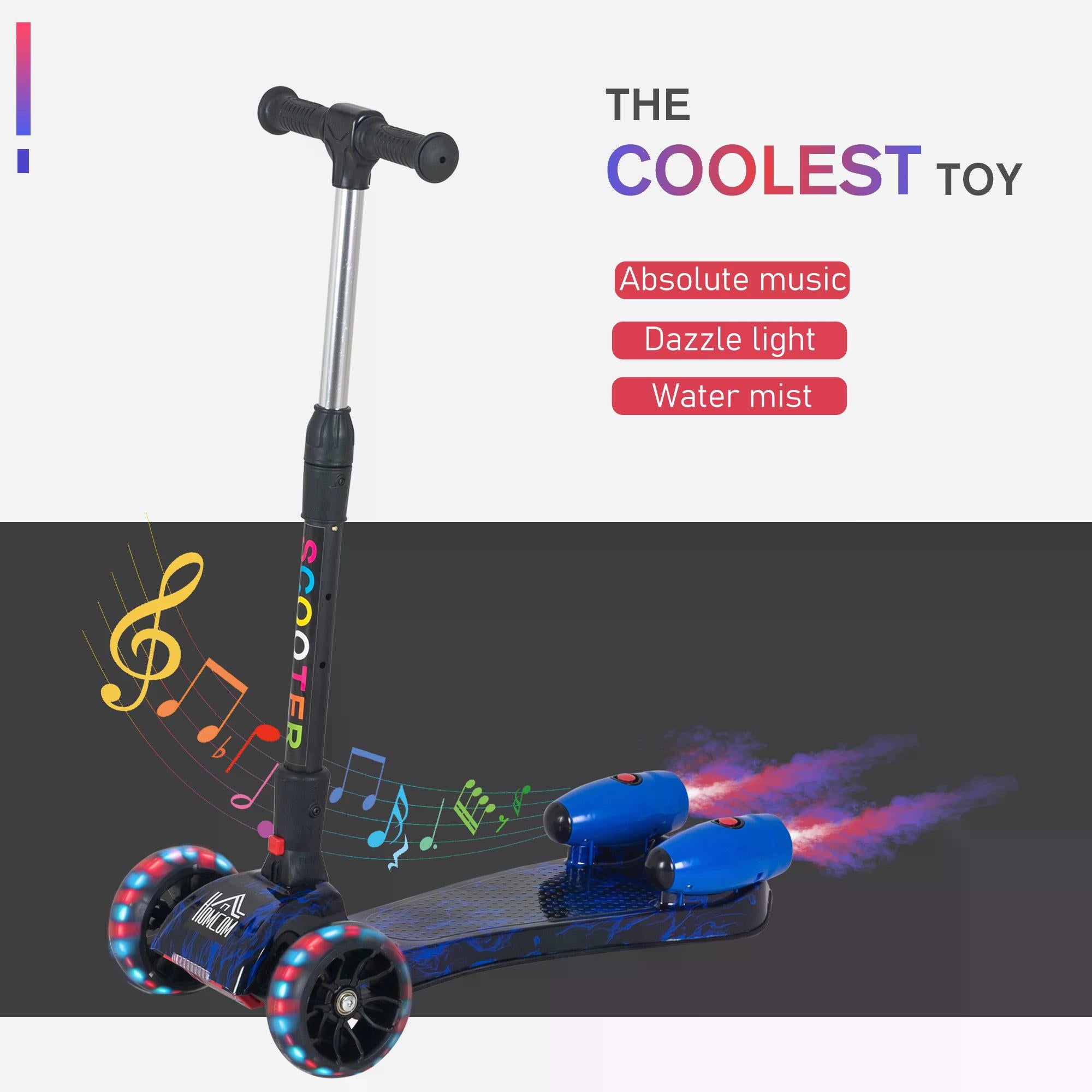 Kids 3 Wheel Kick Scooter Adjustable Height w/ Flashing Wheels Music Water Spray Foldable Design Cool On Off Road Vehicle Blue