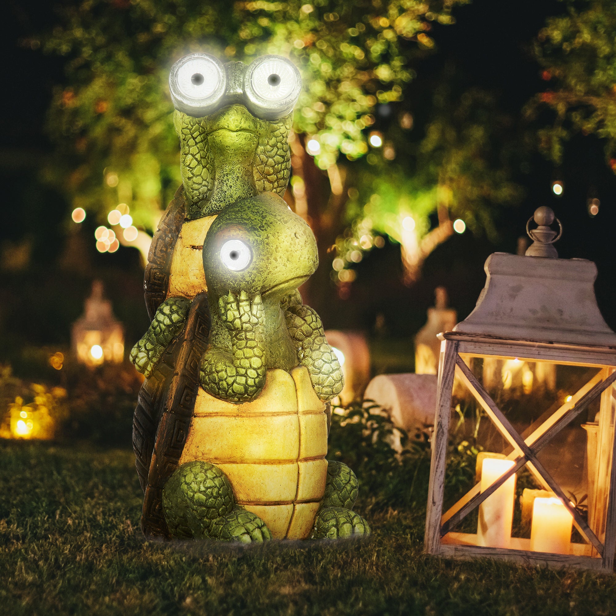 Vivid 2 Tortoises Garden Statue with Solar LED Light, Outdoor Ornament Art Sculpture Home Decoration for Porch, Deck, Grass