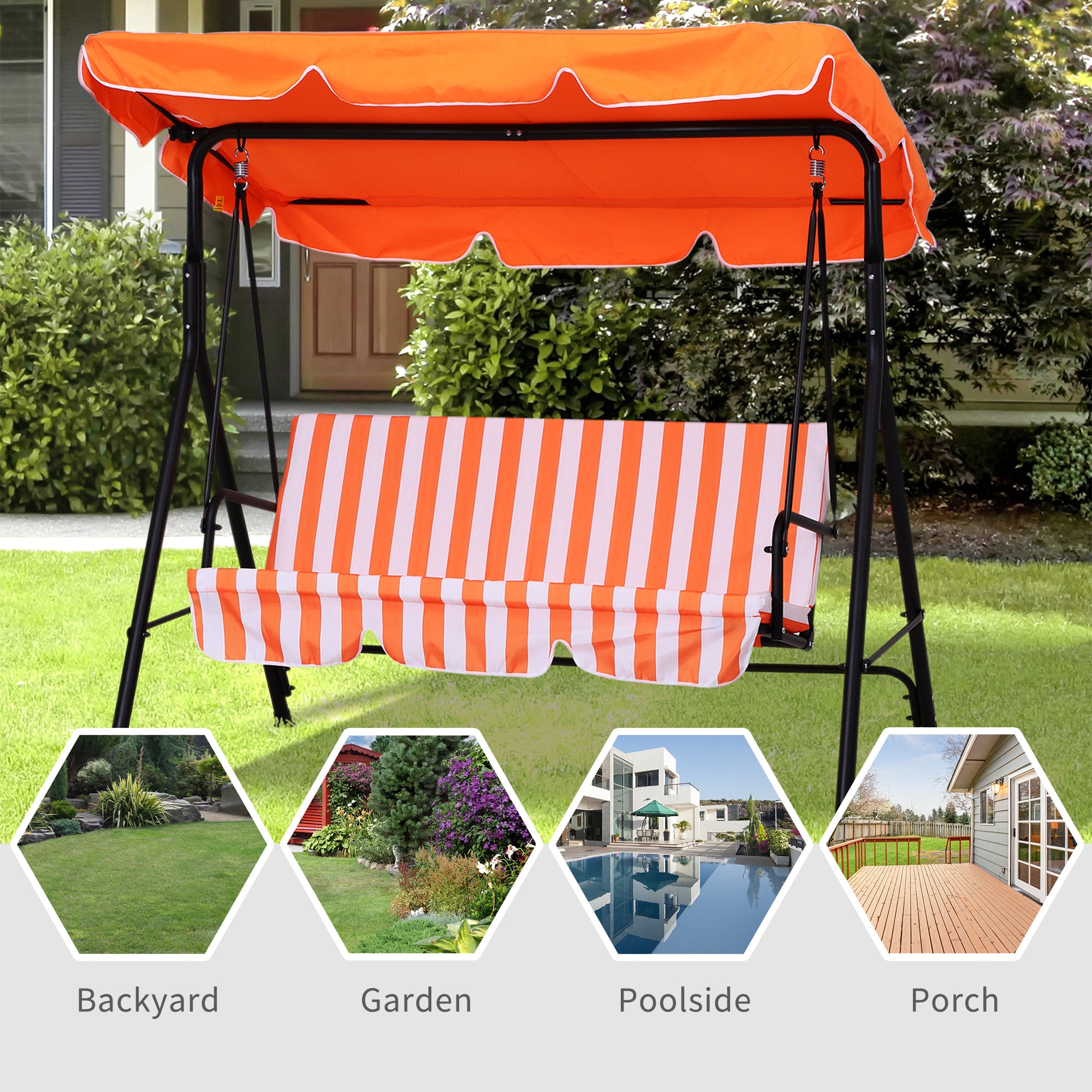 3 Seater Canopy Swing Chair Garden Rocking Bench Heavy Duty Patio Metal Seat w/ Top Roof - Orange