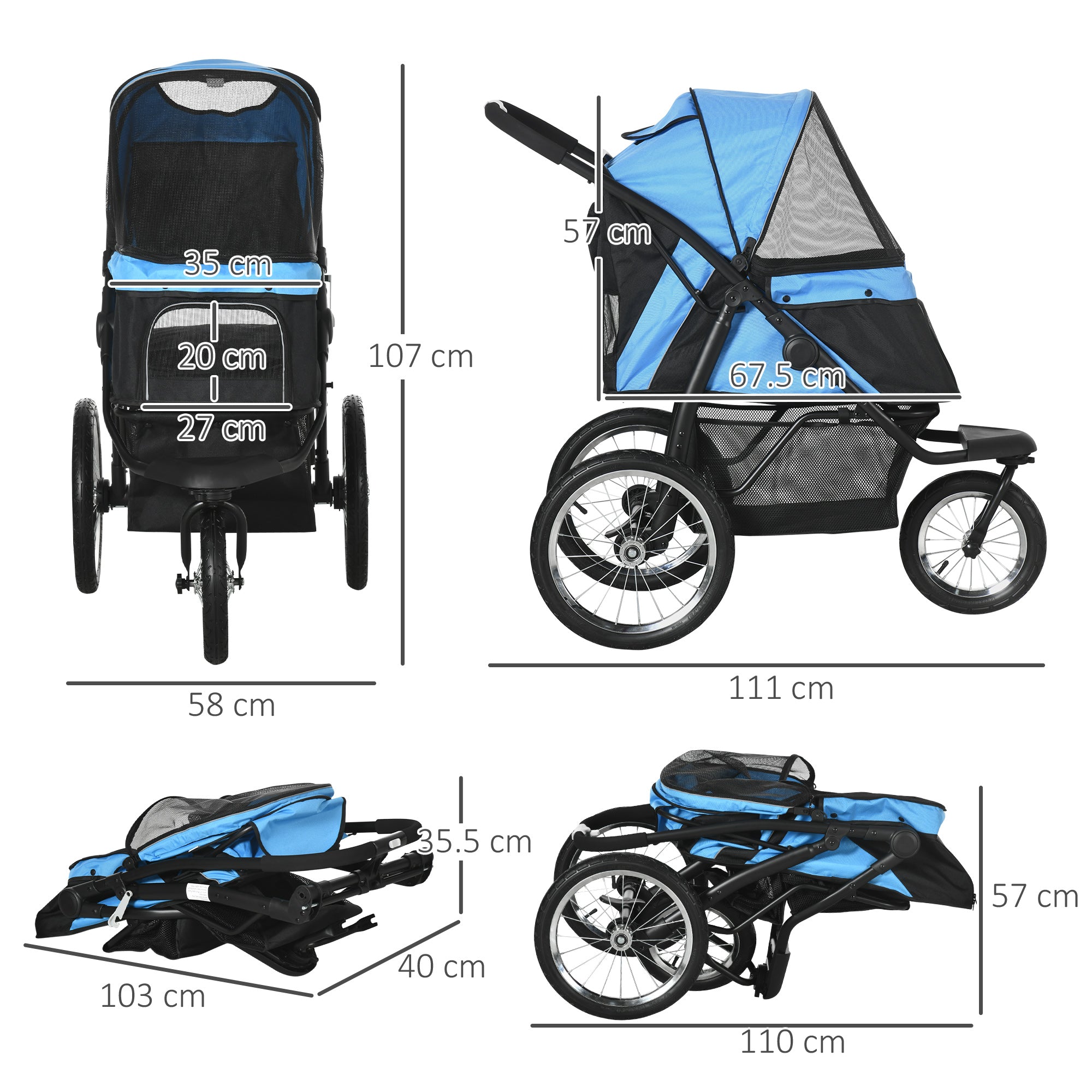 Pet Stroller Dog Pram Foldable Dog Pushchair Cat Travel Carriage w/ Adjustable Canopy, Wheels, for Medium Small Pets, Blue