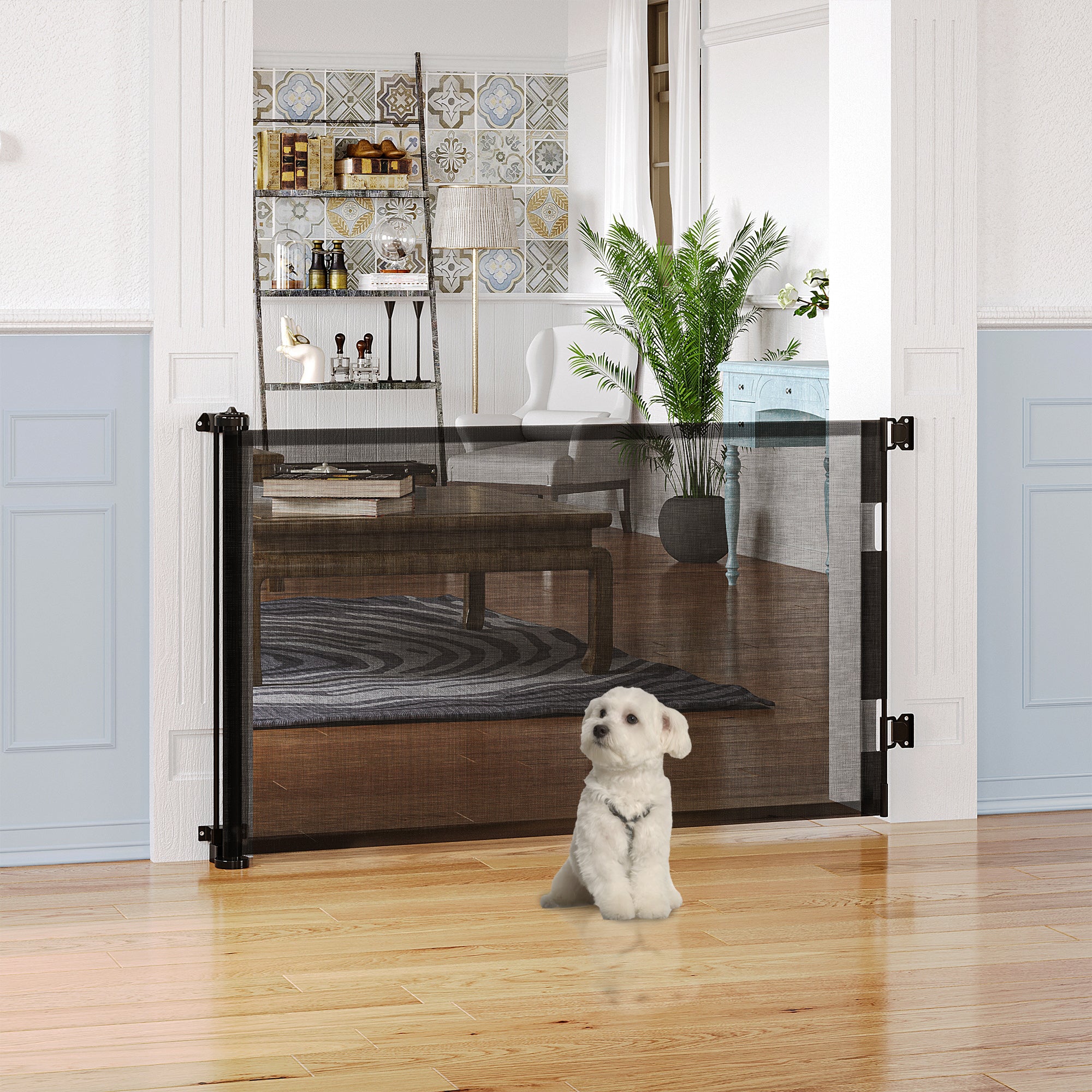 Pet Gate for Baby,Retractable Stair Gate Mesh Dog Gate, Extend Up to 150cm Wide,for Stairs, Doorways, Corridors, Black