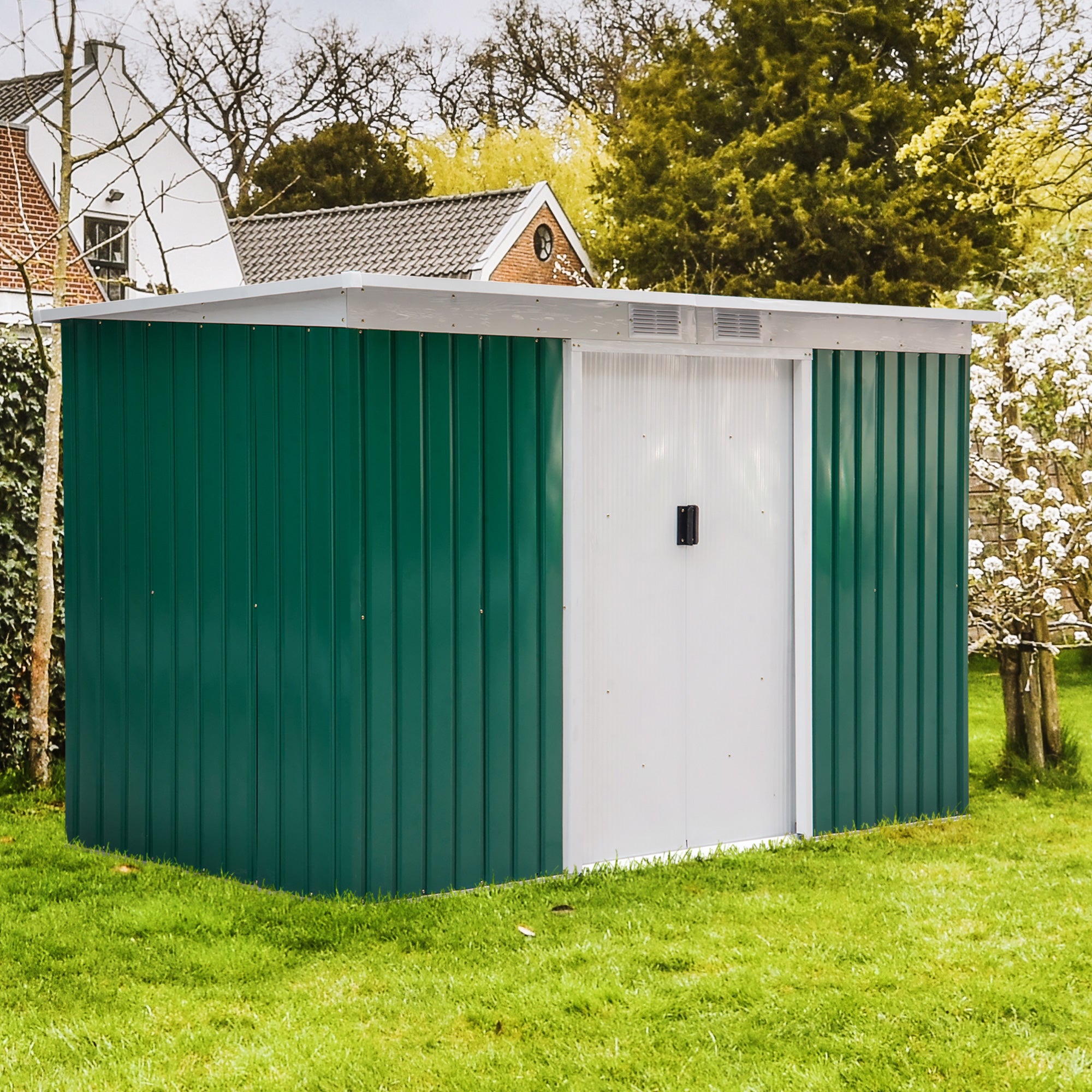 9ft x 4.25ft Corrugated Garden Metal Storage Shed Outdoor Equipment Tool Box with Foundation Ventilation & Doors Deep Green