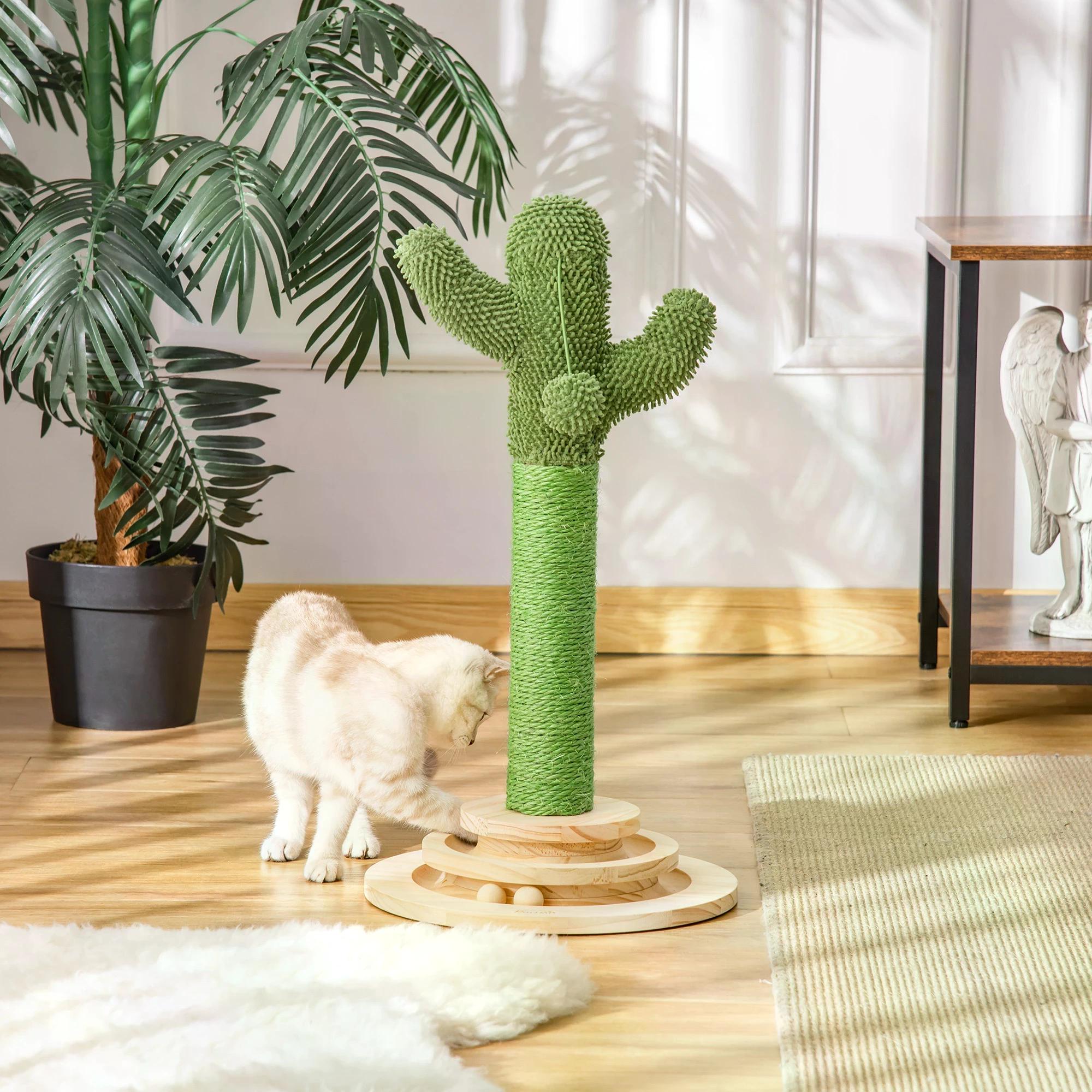 Cat Tree Cactus-shaped Tower Kitten Furniture with Sisal Scratching Post Hanging Ball Funny Cat Ball Platform 32 x 32 x 60cm Green