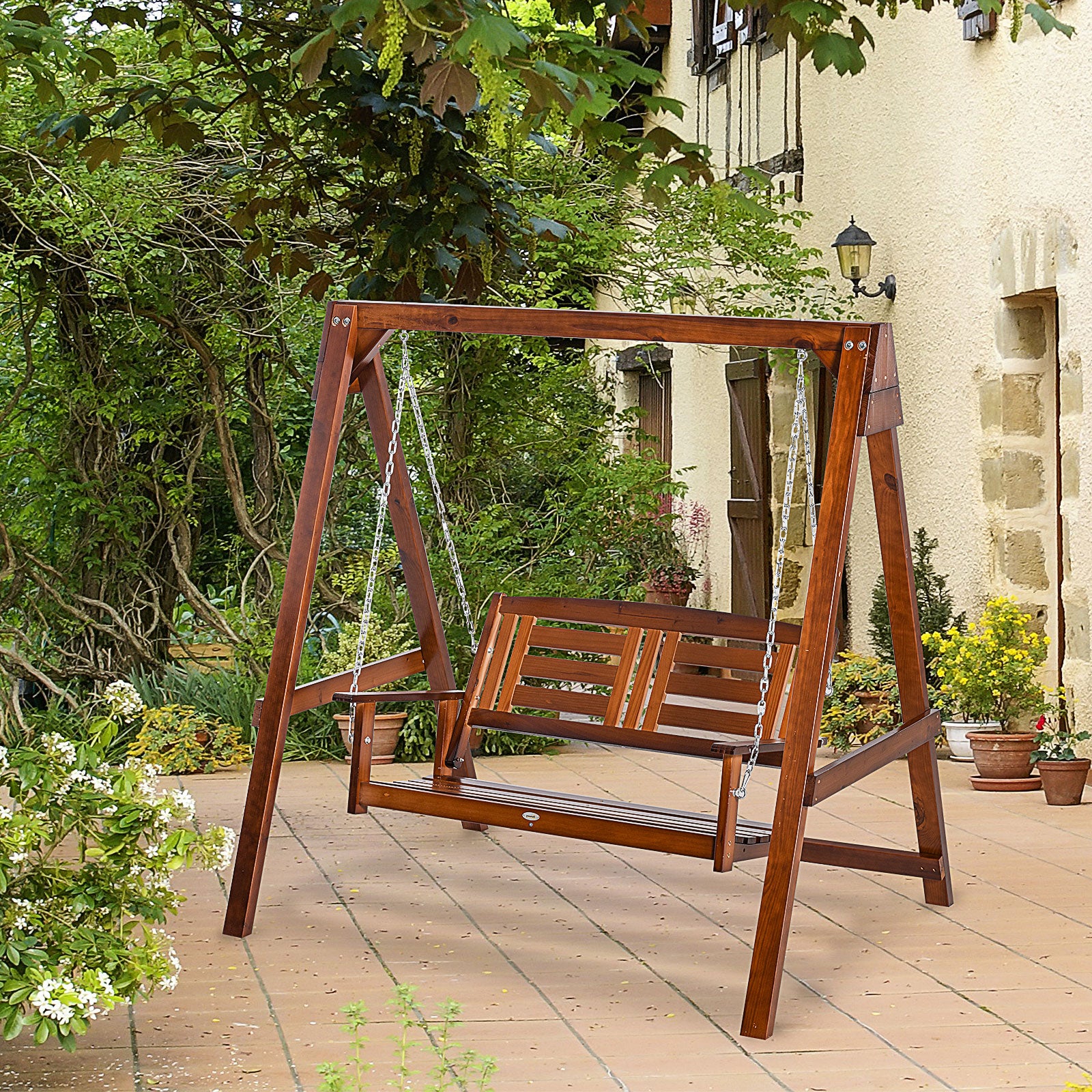 2 Seater Outdoor Garden Swing Chair Wooden Hammock Bench for Porch Patio Yard