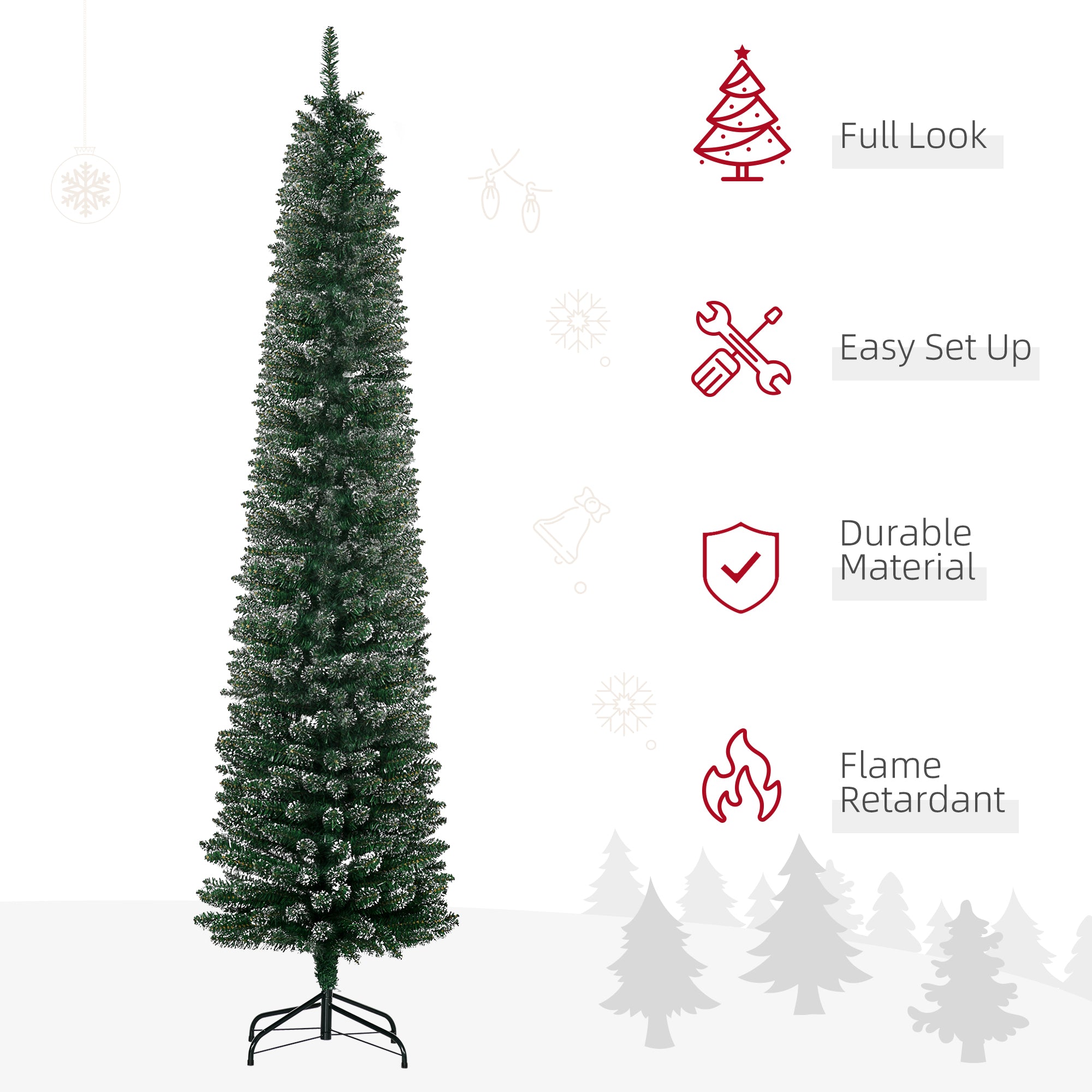 7.5FT Artificial Christmas Tree Snow Dipped Xmas Pencil Tree Holiday Home Indoor Decoration with Foldable Black Stand, Green