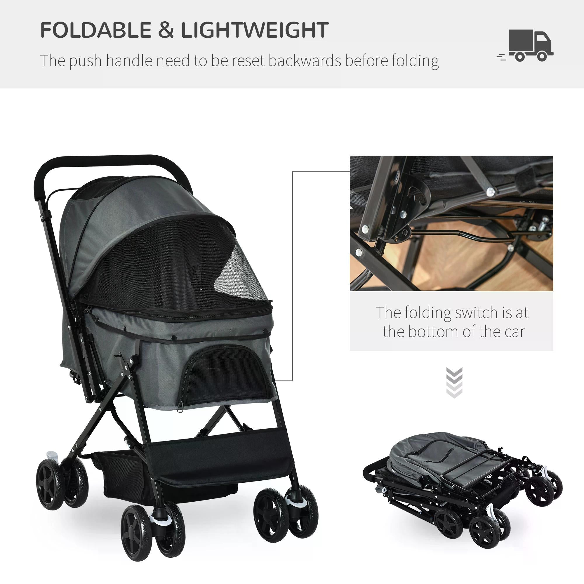 Pet Stroller Dog Pushchair Foldable Jogger with Reversible Handle EVA Wheel Brake Basket Adjustable Canopy Safety Leash Grey