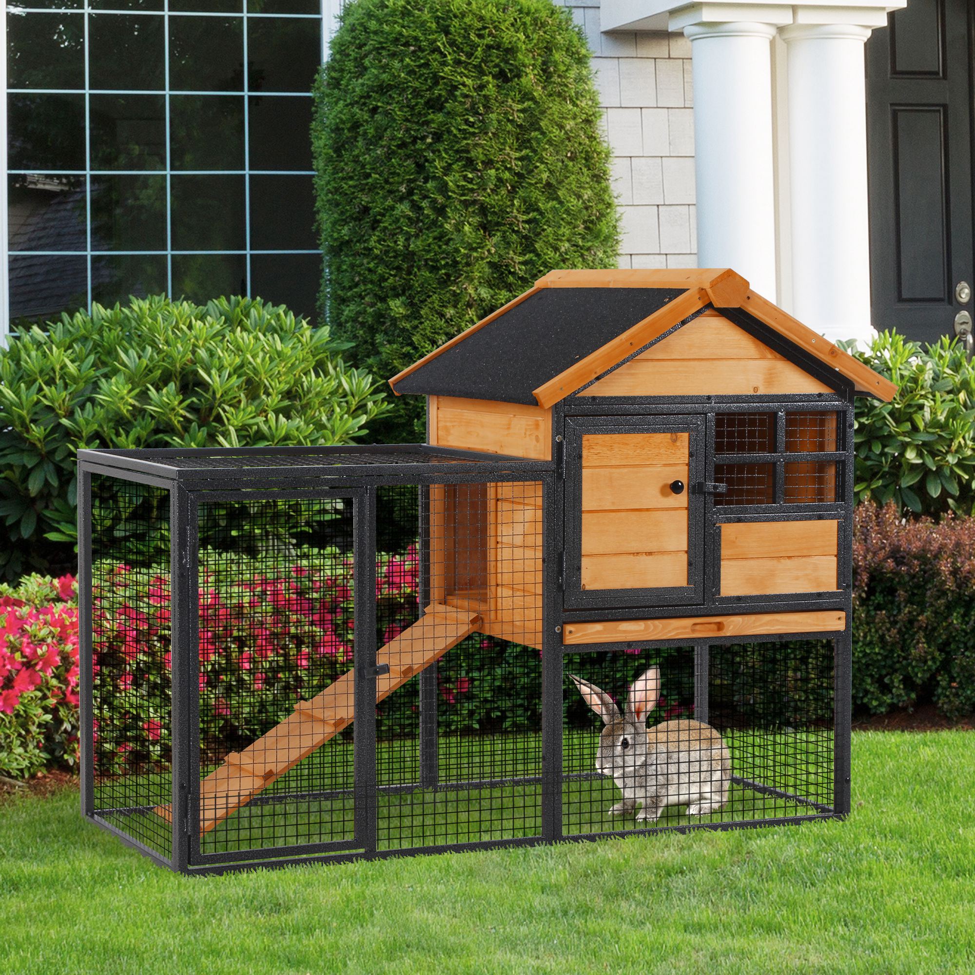 Wood-metal Guinea Pigs Hutches Elevated Pet Bunny House Rabbit Cage with Slide-Out Tray Outdoor