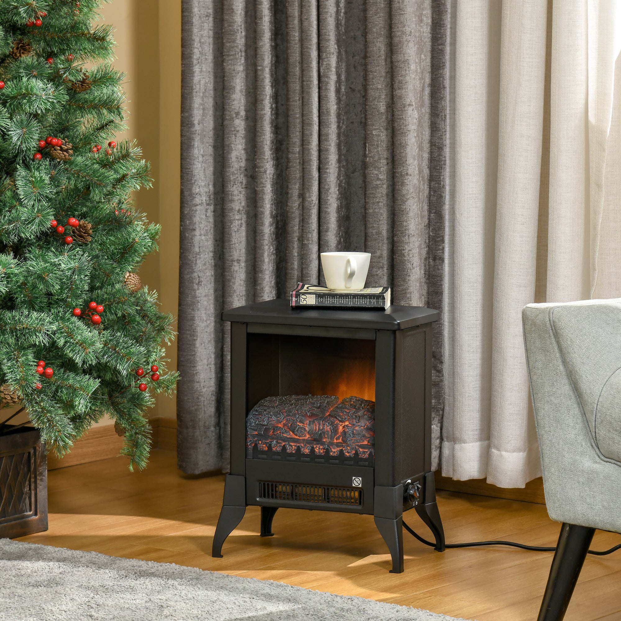 Electric Fireplace Stove, Free standing Fireplace Heater with Realistic Flame Effect, Adjustable Temperature and Overheat Protection, Black