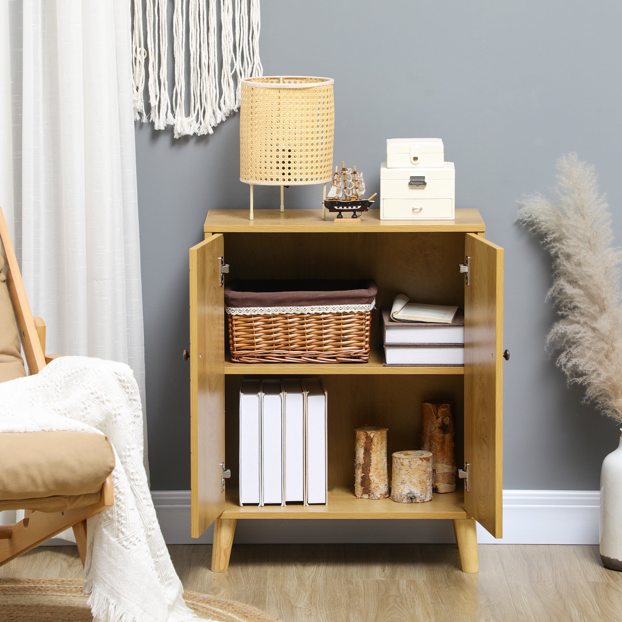 Vintage Storage Cabinet with Double Chevron Doors and Pine Wood Legs - Natural Wood Effect