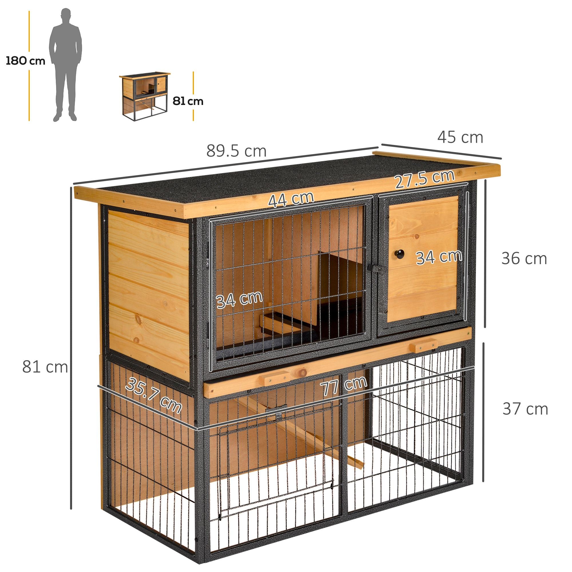 Wood-metal Rabbit Hutch Elevated Pet House Bunny Cage with Slide-Out Tray Asphalt Openable Roof Lockable Door Outdoor