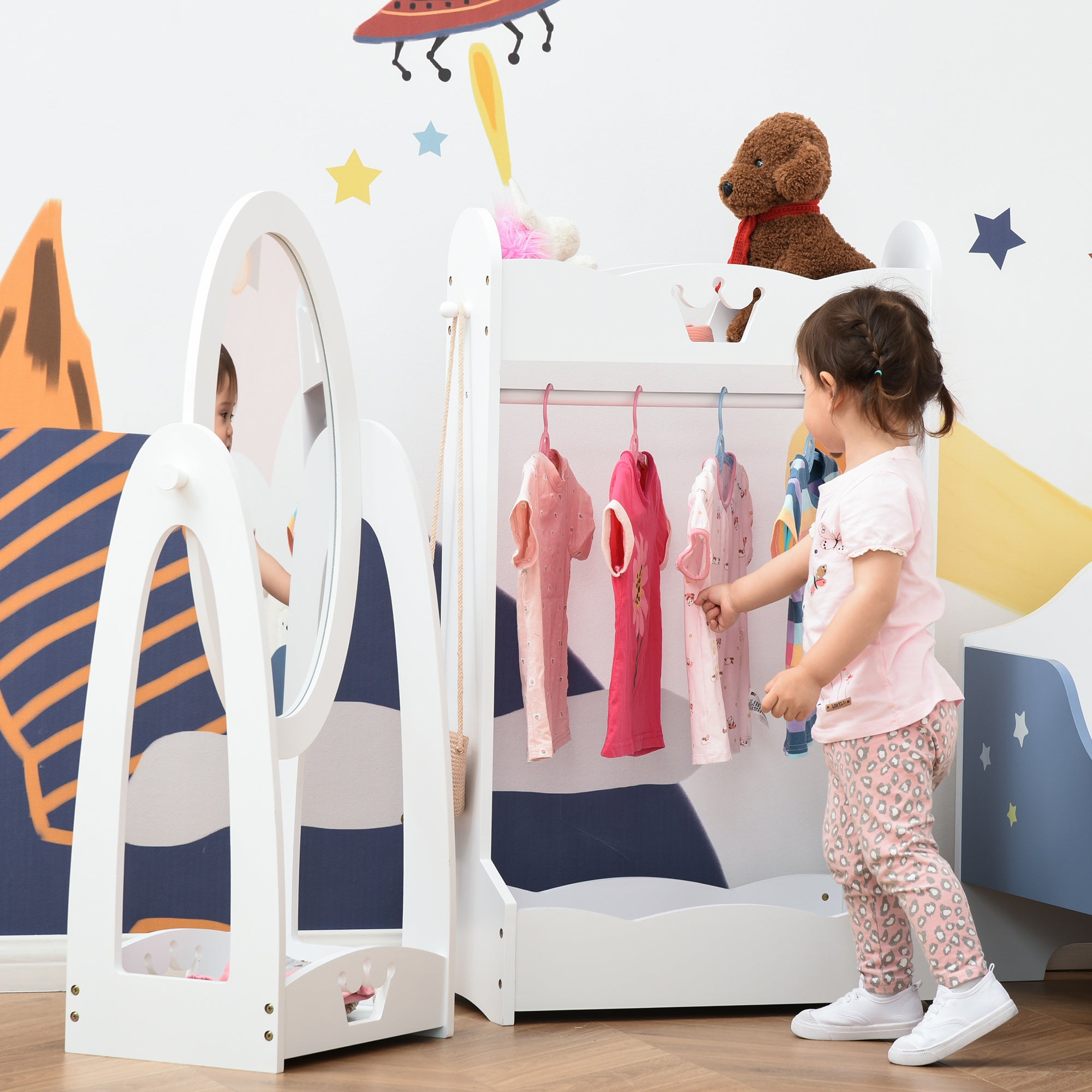 Kids Clothes Rail and Mirror Set 360° Rotation Free Standing Full Length Mirror and Hanging Rack with Storage Shelves Dressing Mirror White