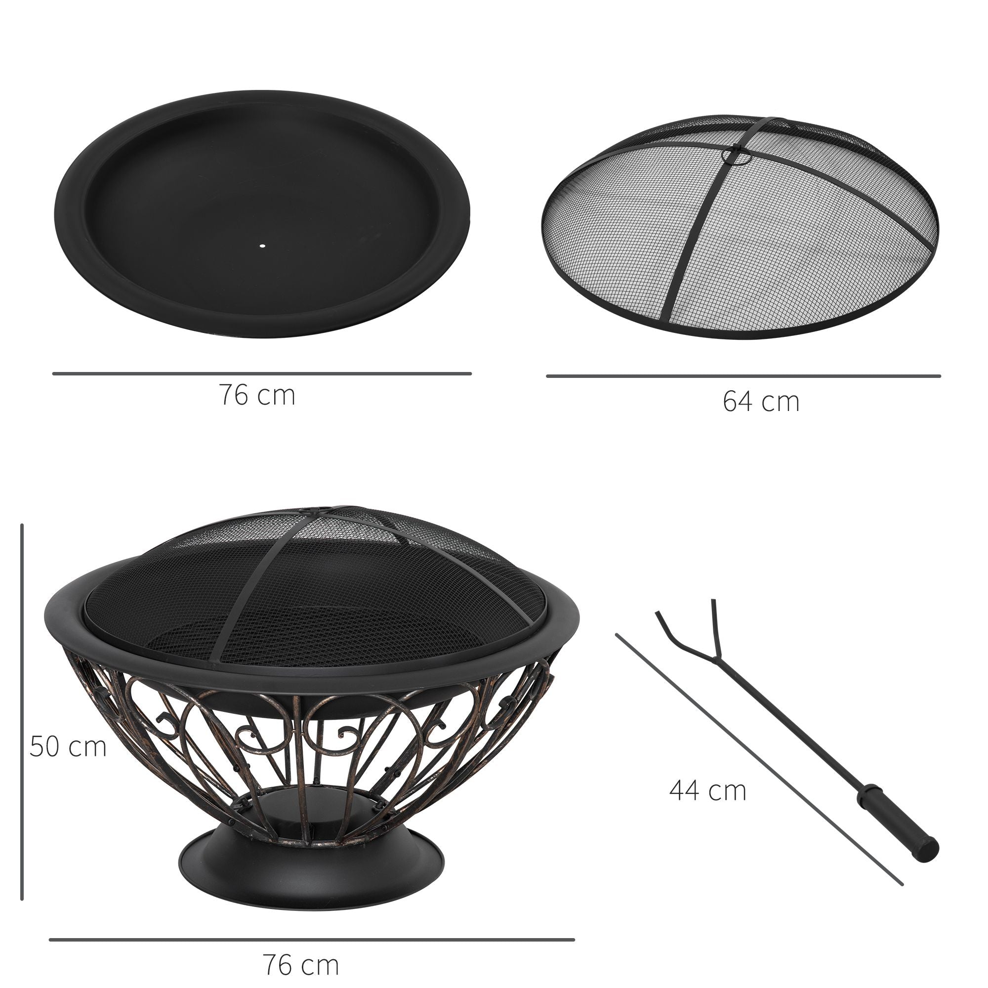 Outdoor Fire Pit for Garden, Metal Fire Bowl Fireplace with Spark Screen, Poker, Log Grate and Rainproof Cover, Patio Heater, Bronze