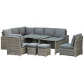 7 Piece 10-Seater Rattan Garden Sofa Set with Cushions, Footstools & Expandable Glass Table - Grey