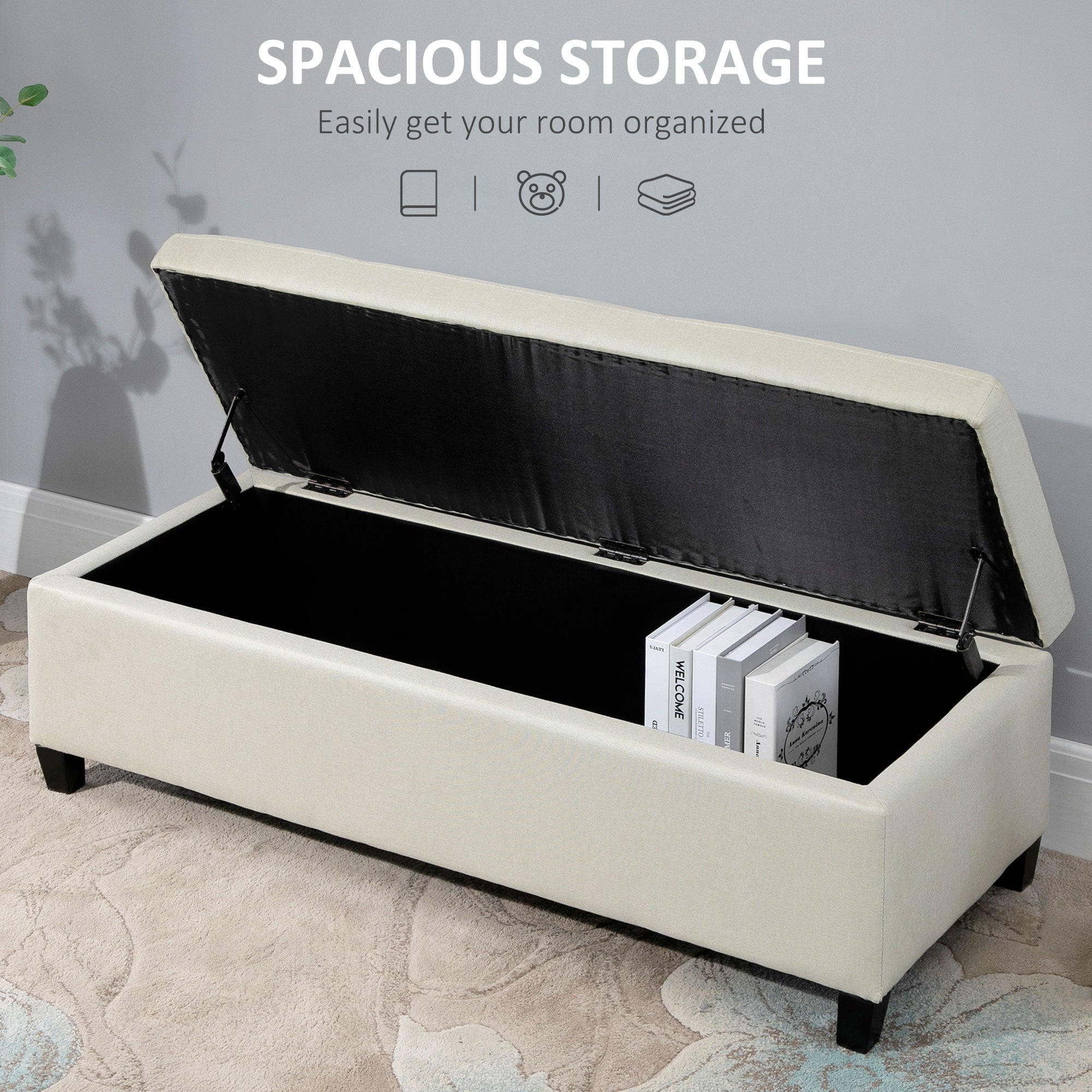 Linen Storage Ottoman, End of Bed Bench, Padded Footrest Seat with Tufting Design, Hinged Lid and Wood Frame 125L x 49W x 41.5H cm Beige