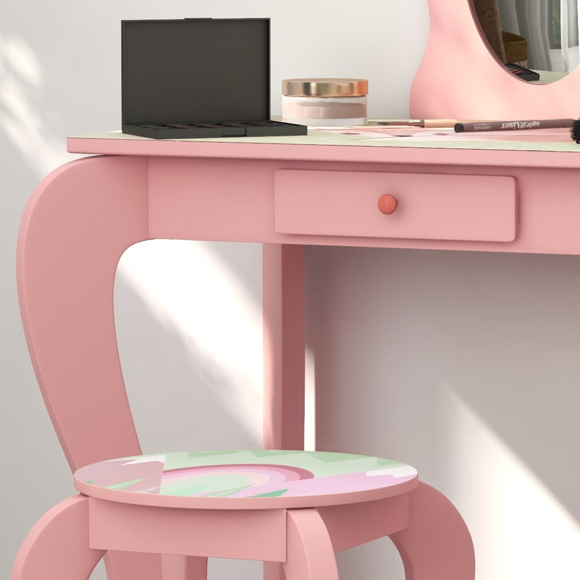 Kids Dressing Table with Mirror and Stool, Girls Vanity Table Makeup Desk with Drawer, Cute Animal Design, for 3-6 Years - Pink