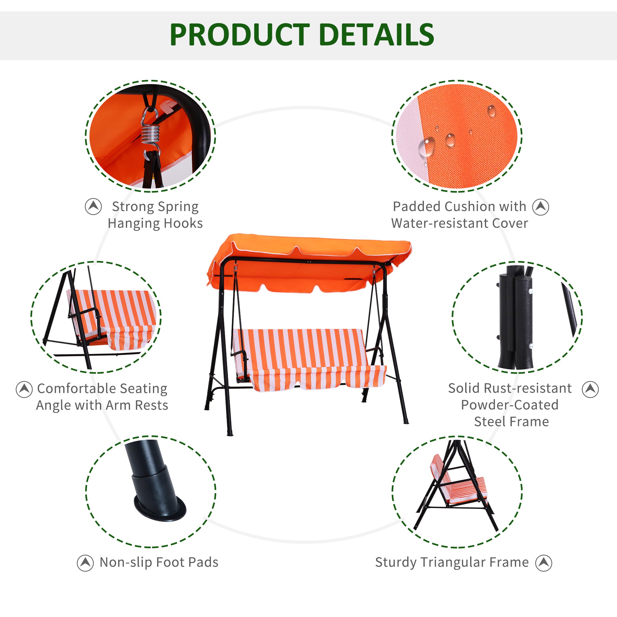 3 Seater Canopy Swing Chair Garden Rocking Bench Heavy Duty Patio Metal Seat w/ Top Roof - Orange