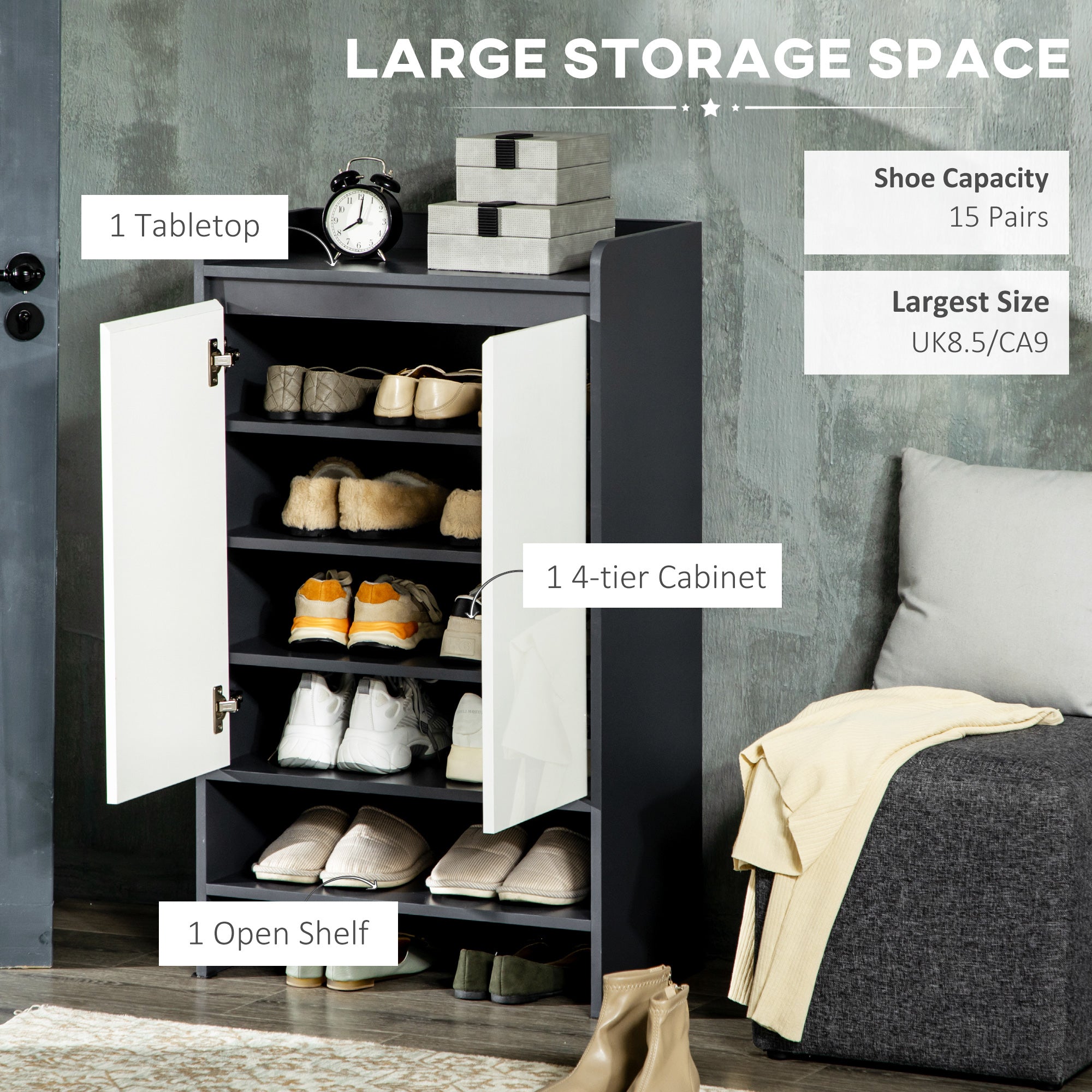 Modern Shoe Cabinet with High Gloss White Doors and Open Shelves, Hallway Shoe Cupboard Storage Organizer for 15 Pairs of Shoes, Grey