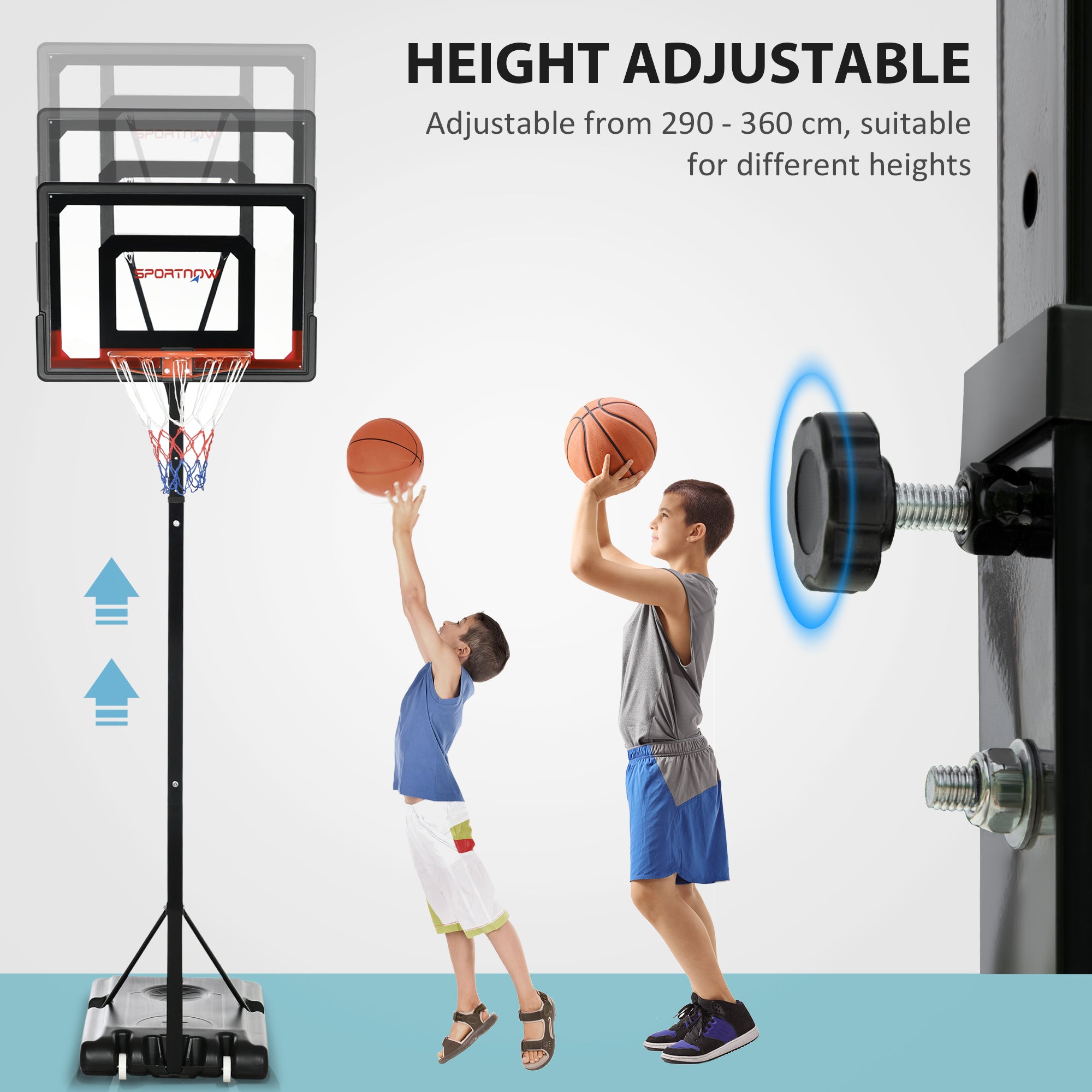 Adjustable 2.1-2.6m Basketball Hoop and Stand with Weighted Base and Wheels - Black Red Orange