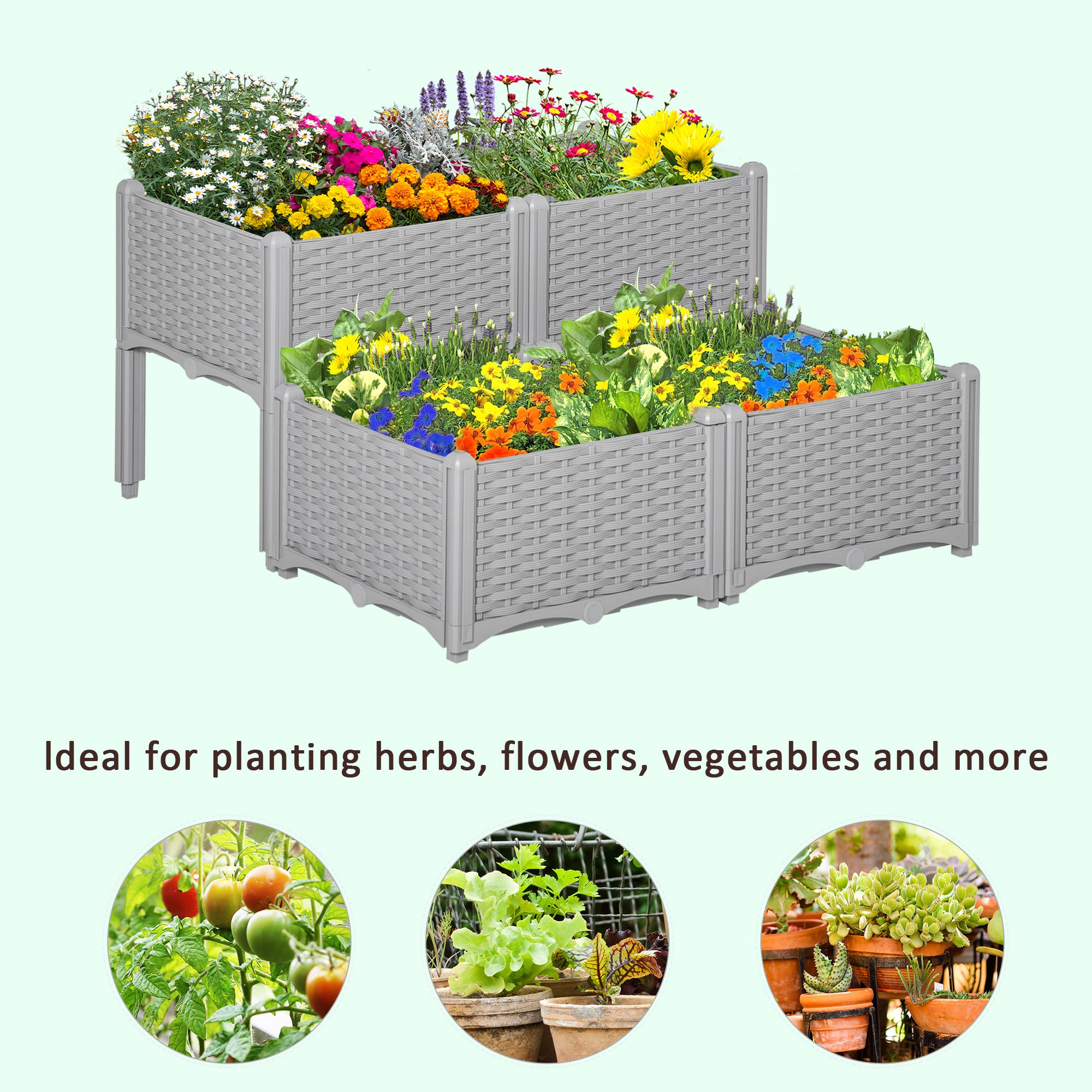 Set of 4 Garden Raised Bed Elevated Patio Flower Plant Planter Box PP Vegetables Planting Container, Grey