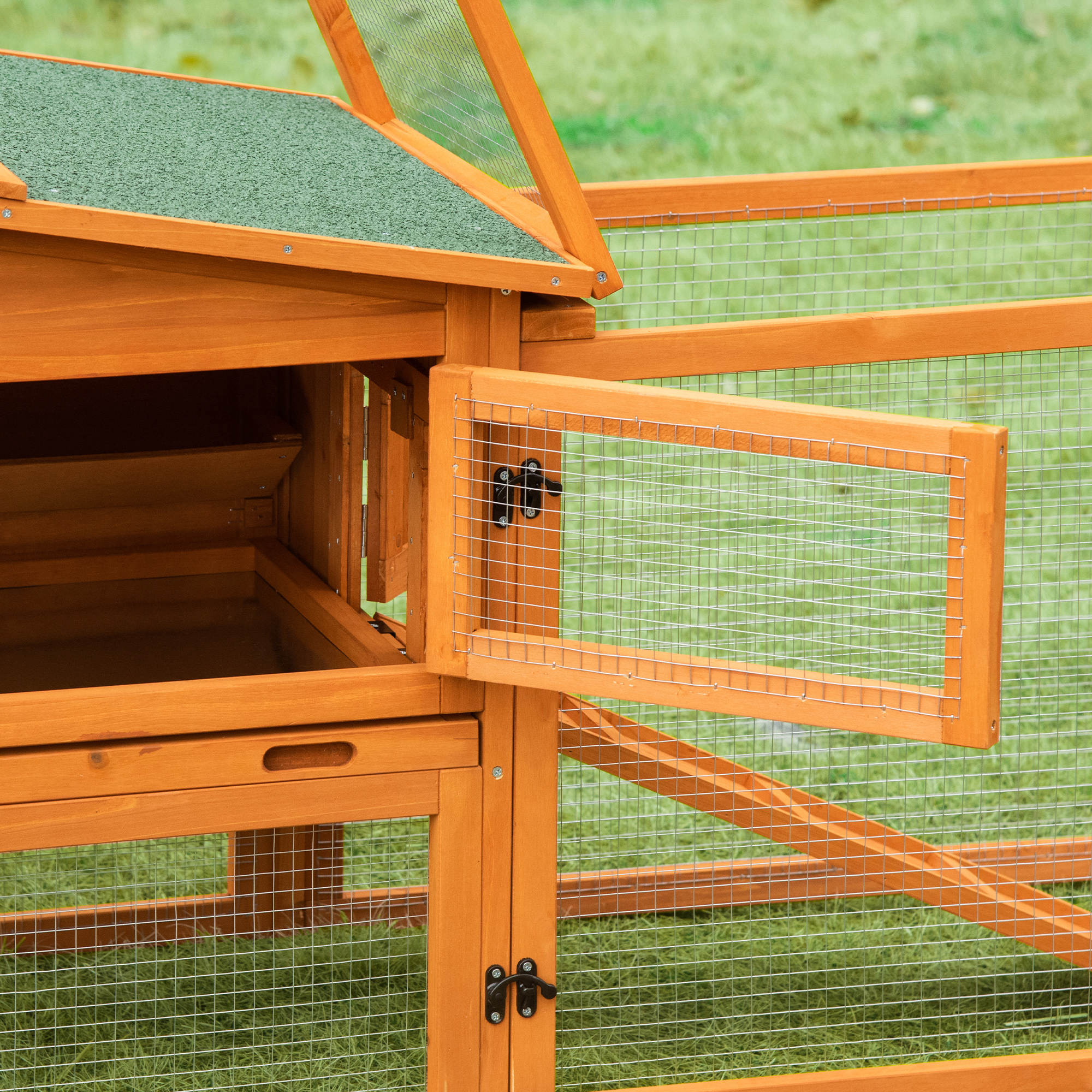 Rabbit Hutch and Run Outdoor Bunny Cage Wooden Guinea Pig Hide House with Sliding Tray, Hay Rack, Ramp, 156 x 58 x 68cm