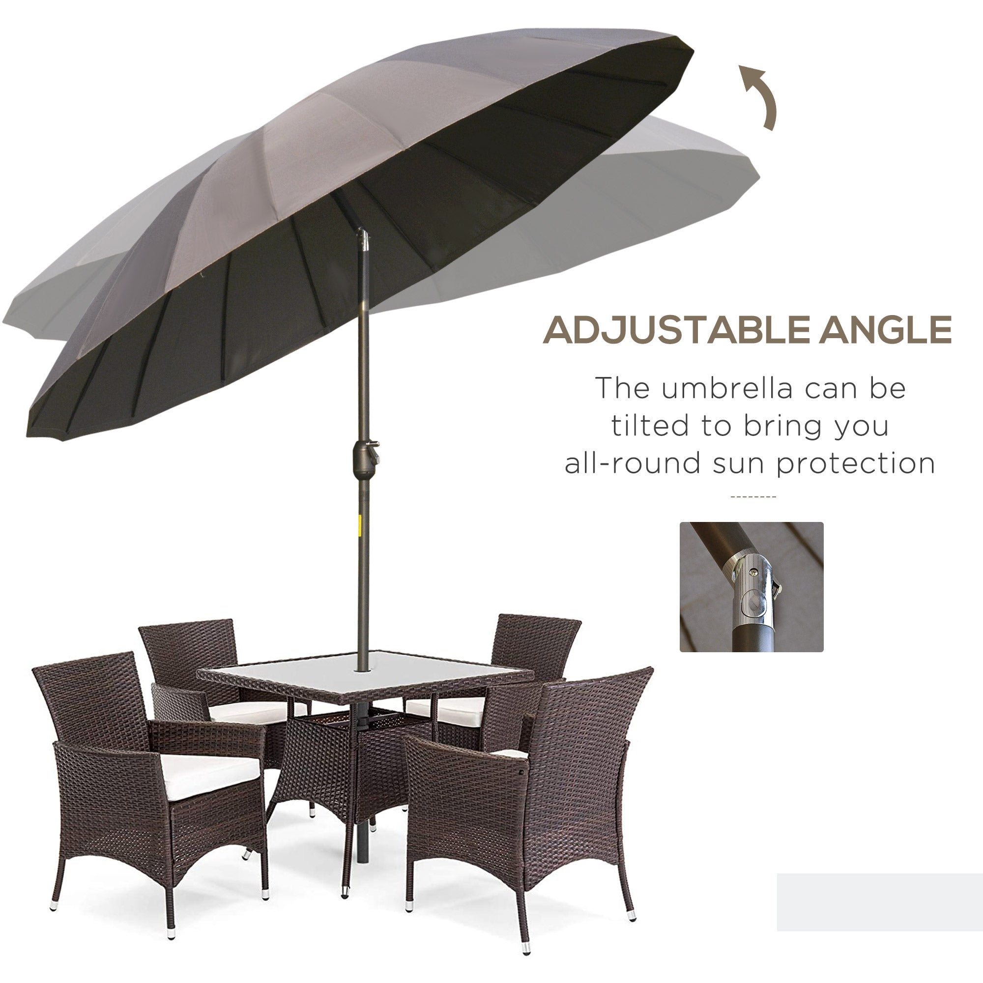 Garden Umbrella 255cm with Push Button Tilt and Fibreglass Ribs - Dark Grey