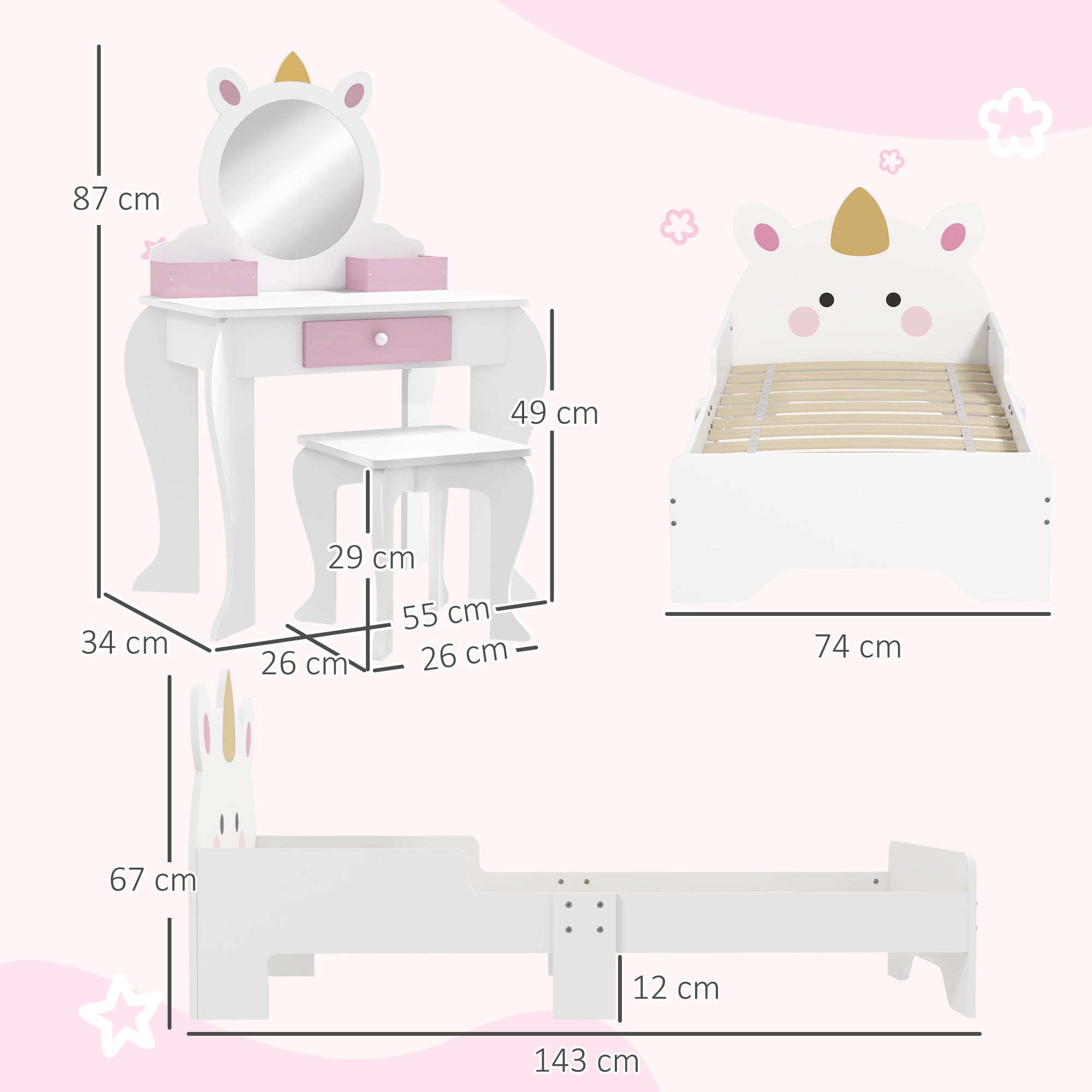 Kids Bedroom Furniture Set with Kids Dressing Table with Mirror and Stool, Toddler Bed Frame for 3-6 Years, Unicorn Design