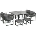 8 Seater Aluminium Garden Dining Cube Set with Table, 4 Chairs & 4 Footstools with Cushions - Grey