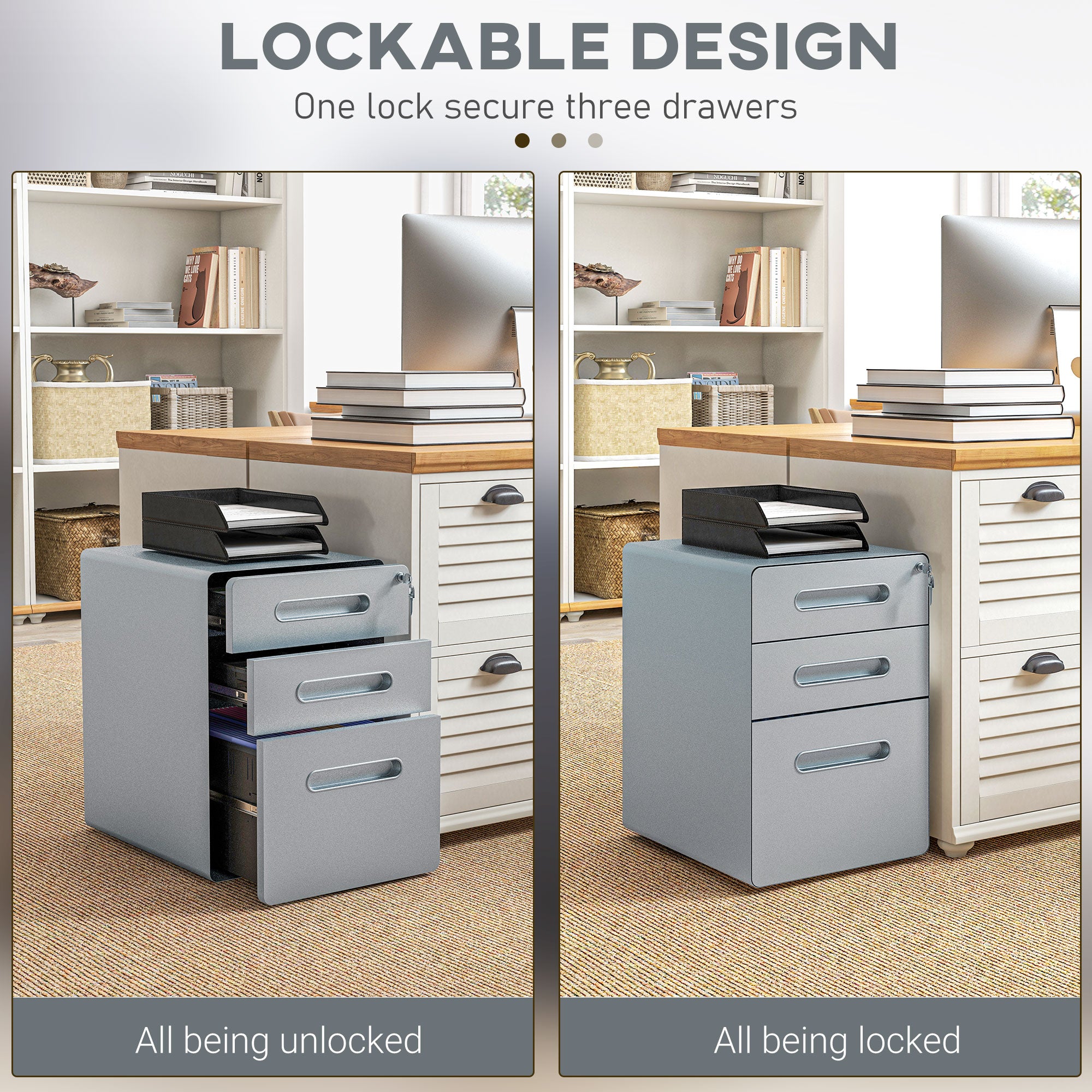 Lockable Cabinet, Rolling Filing Cabinet with 3 Drawers, Steel Office Drawer Unit for A4, Letter, Legal Sized Files