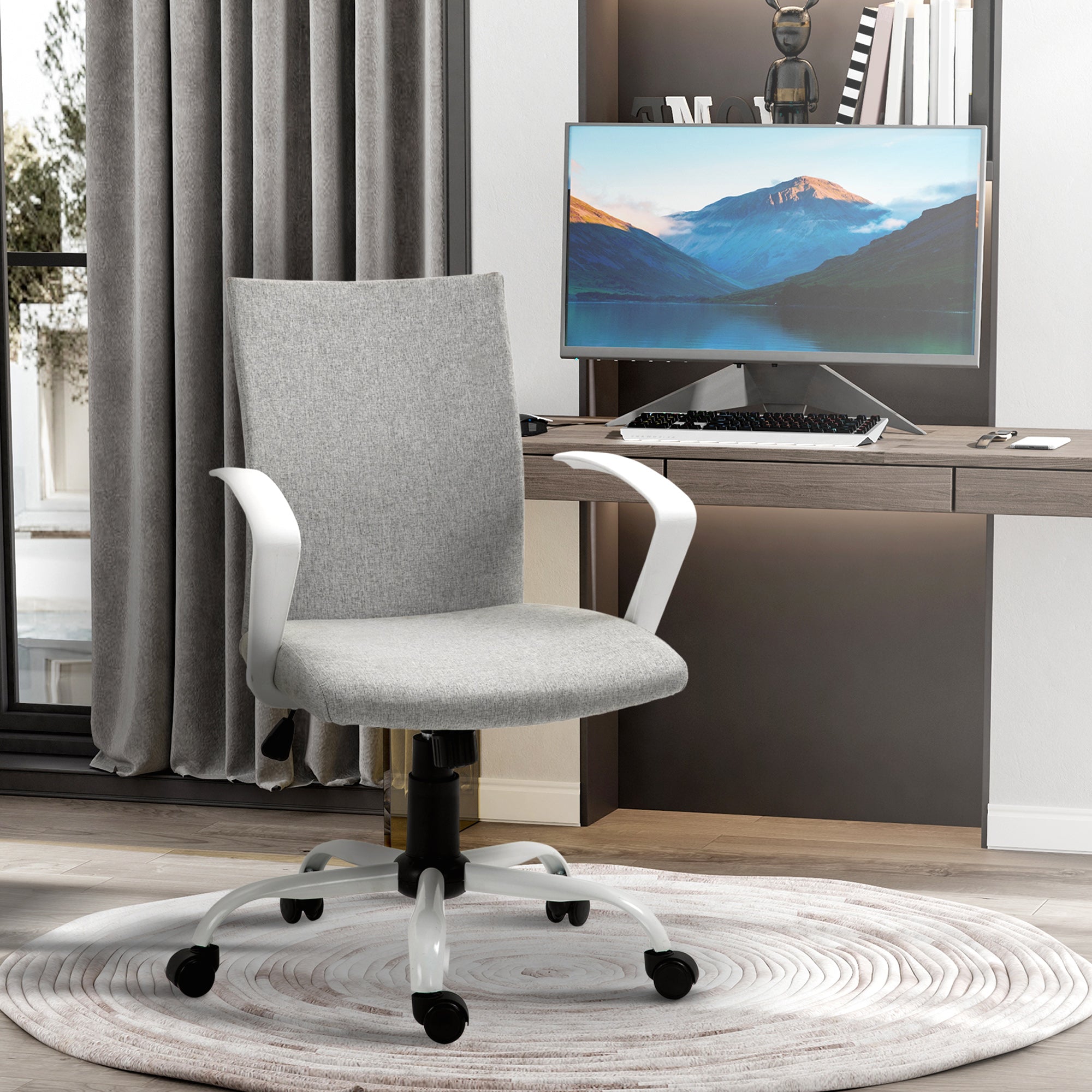 Office Chair Linen Swivel Computer Desk Chair Home Study Task Chair with Wheels, Arm, Adjustable Height, Light Grey