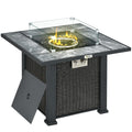 Outdoor PE Rattan Gas Fire Pit Table with Marble Top and Glass Windscreen - Black