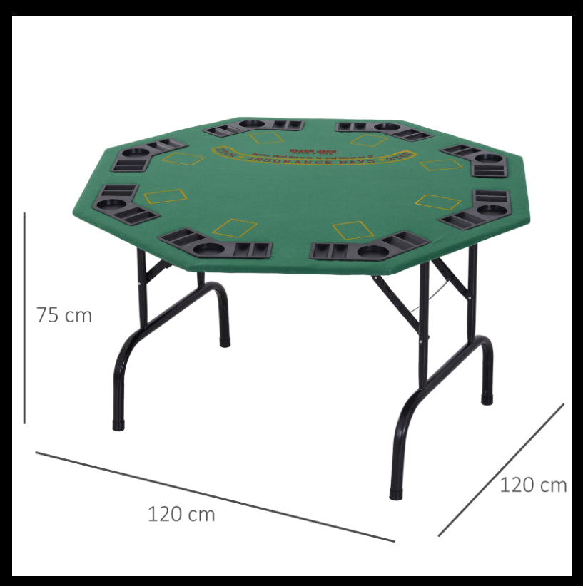 8 Player Folding Games Poker Table w/ Chip Cup Holder Steel Base Felt Top Octagon Blackjack Adult Family Friends Green