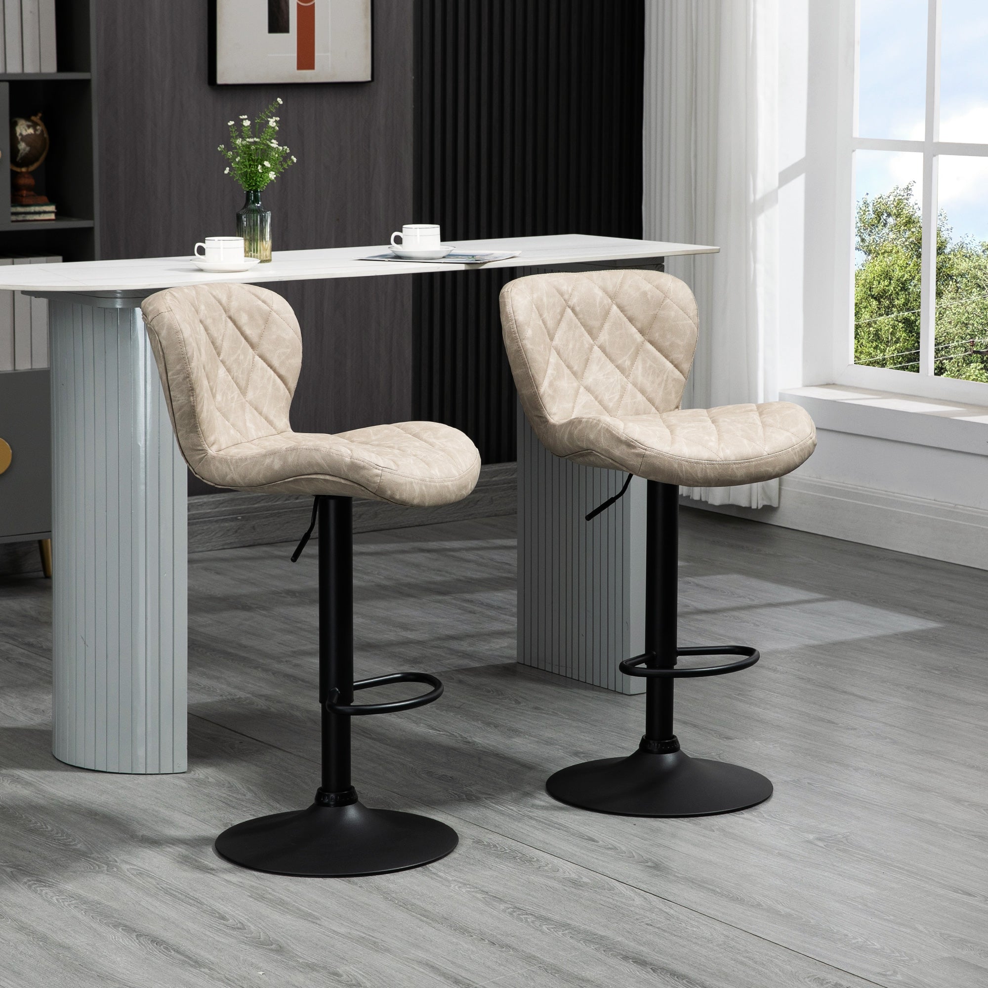 Adjustable Height Bar Stools Set of 2, Swivel Barstools with Backrest and Footrest, Steel Frame Diamond Pattern PU, Kitchen Counter Light Grey