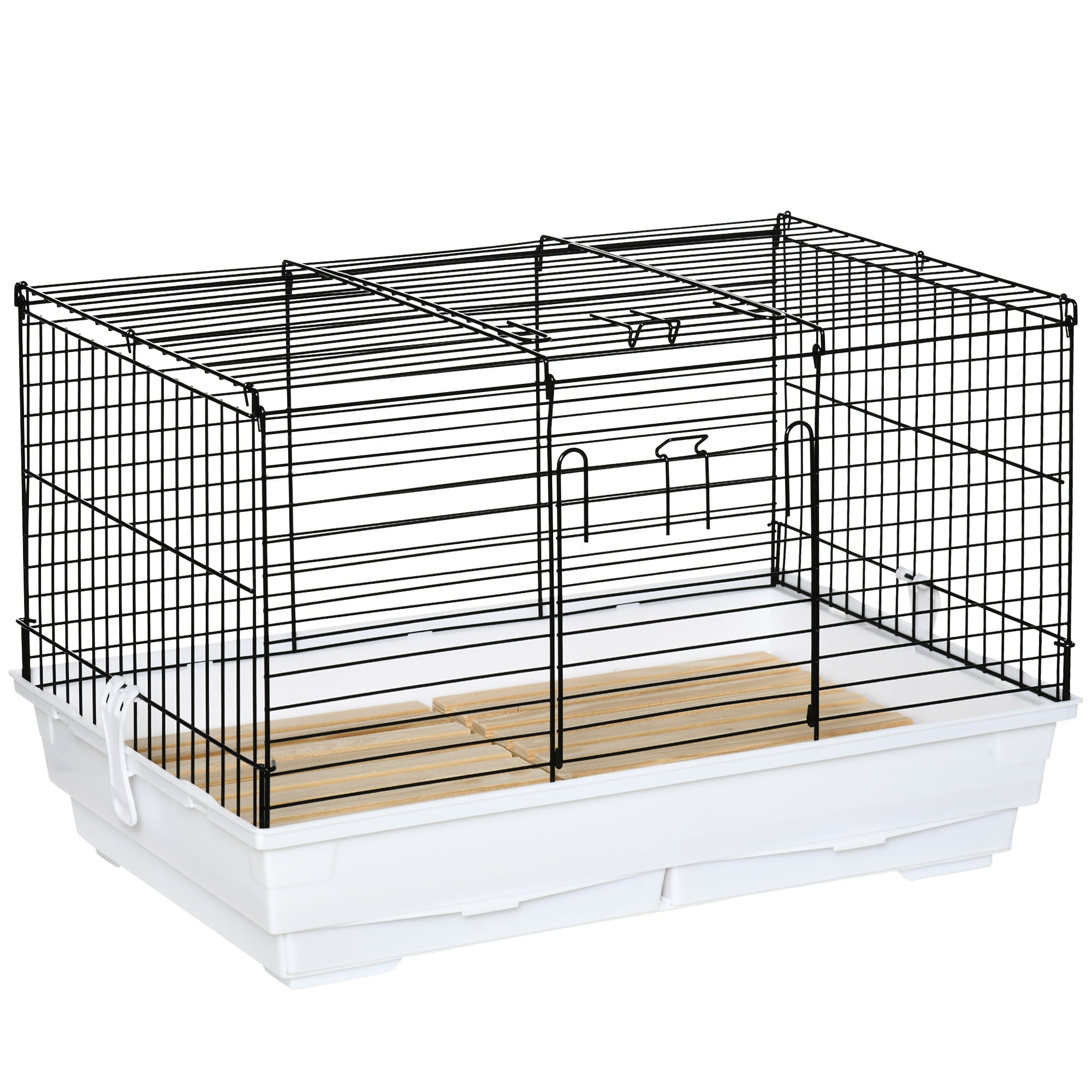 Indoor Small Animal Cage with Wood Floor, Bunny Guinea Pig House with Removable Tray, 61.5 x 38 x 40 cm, White