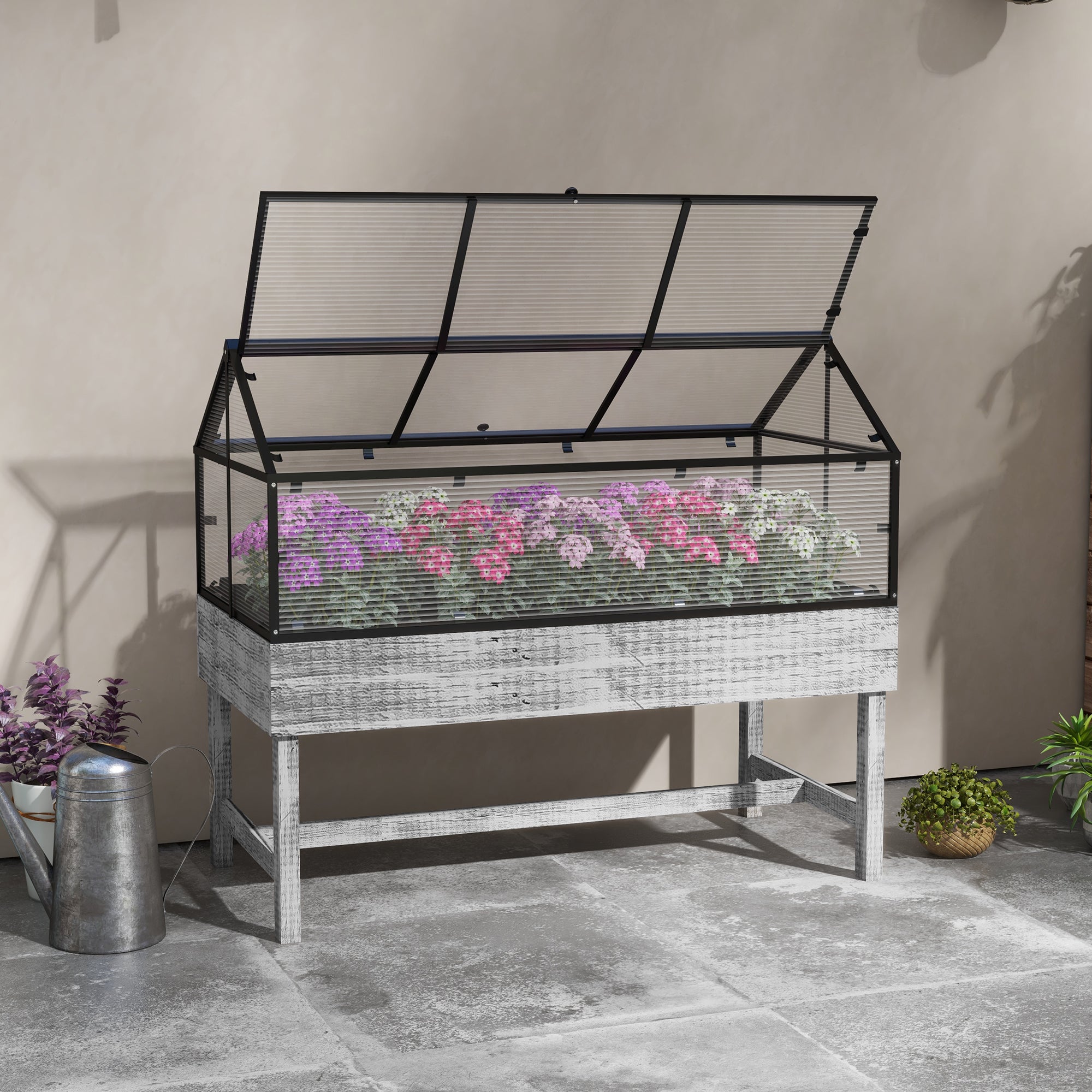 Elevated Wood Planter with Mini Greenhouse Raised Garden Bed with PC Panel Top Vent 120 x 60 x 103cm Distressed Grey