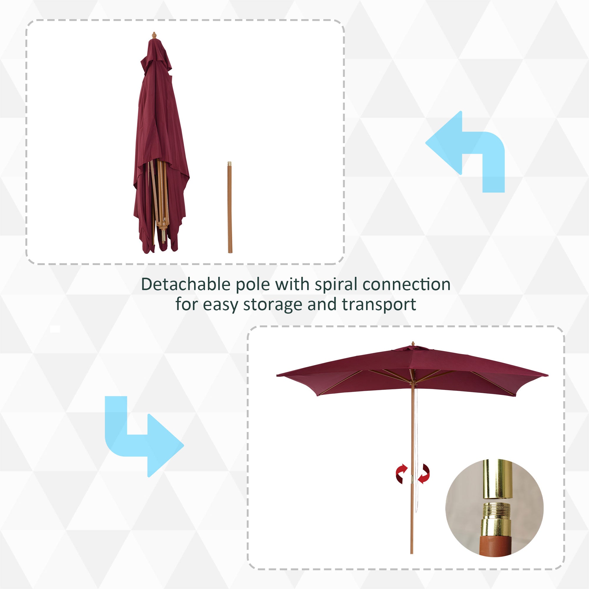 3m x 2m Wood Wooden Garden Parasol Sun Shade Patio Outdoor Umbrella Canopy New (Wine Red)